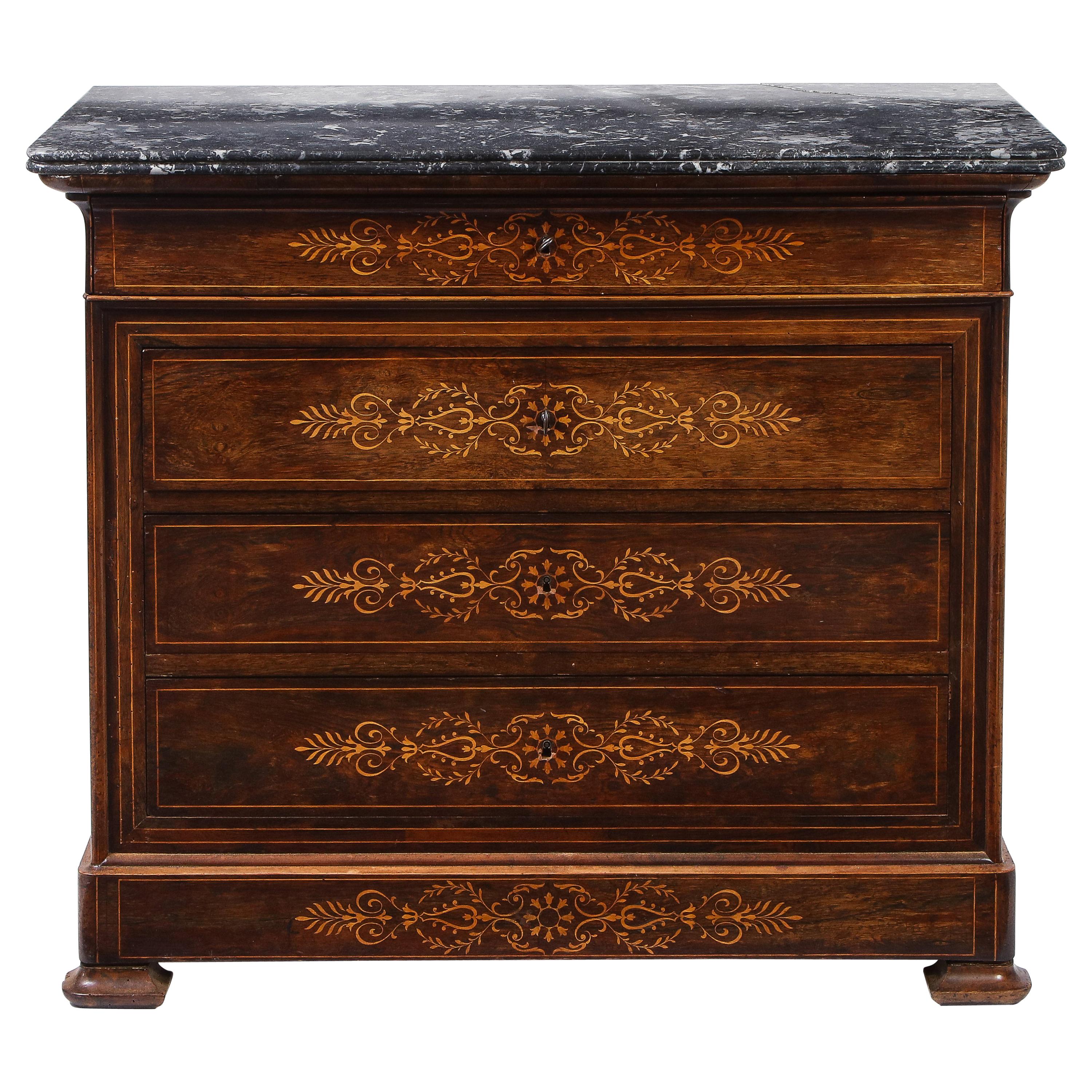19th Century French Walnut Commode with Contrasting Marquetry, Honed Stone Top