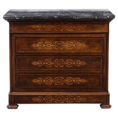 Antique 19th Century French Walnut Commode with Contrasting Marquetry, Honed Stone Top