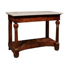 19th Century French Walnut Empire Style Console with White Marble Top