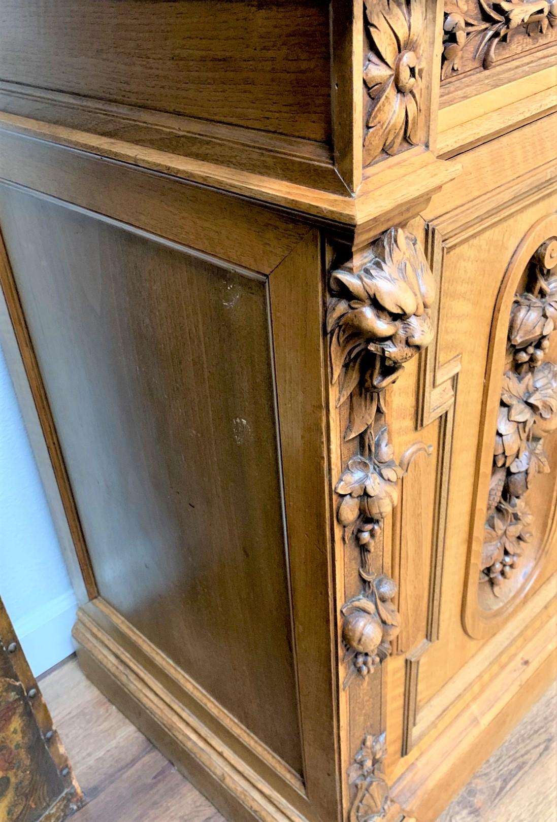 Hand-Carved 19th Century French Walnut & Etched Glass Bookcase Cabinet