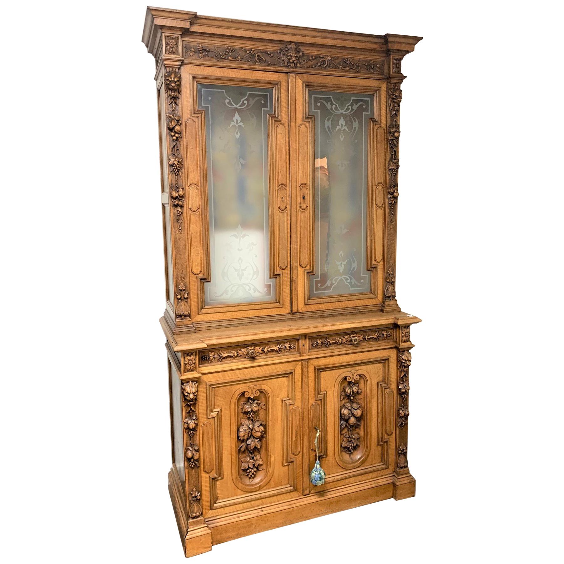 19th Century French Walnut & Etched Glass Bookcase Cabinet