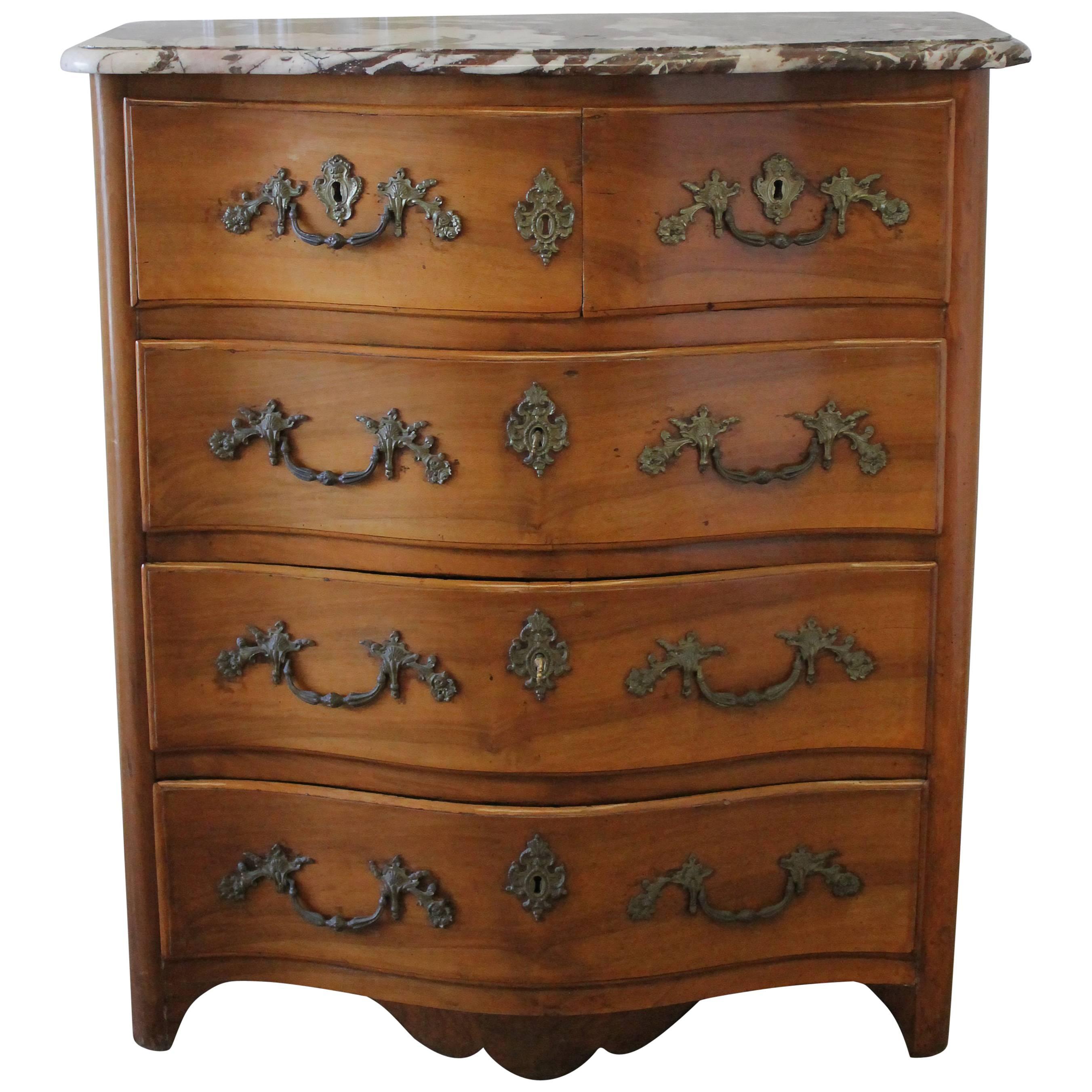 19th Century French Walnut Five-Drawer Chest with Marble Top
