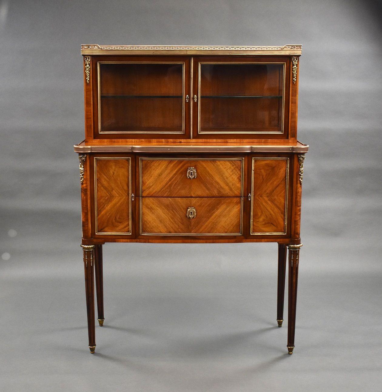 19th century French antique walnut glass top commode. The glass cabinet has a single glass shelf to the interior, the top of the cabinet is marble with a brass gallery to the edge with Ormolu brass mounts to each corner. Below the top has two small
