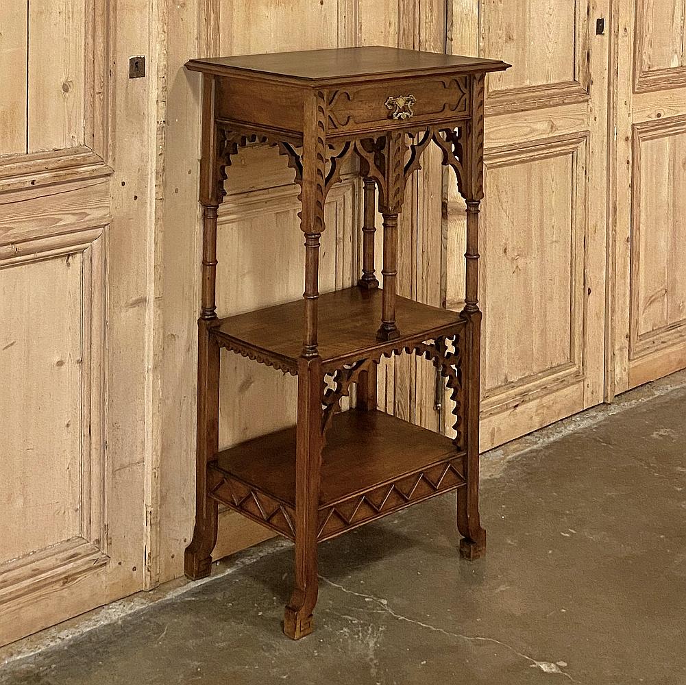 19th century French walnut Gothic Pedestal ~ étagère end table is an unusual specialty piece that doesn't come around very often! handcrafted from sumptuous French walnut, it features three surfaces~ the top under which lies an apron surround fitted