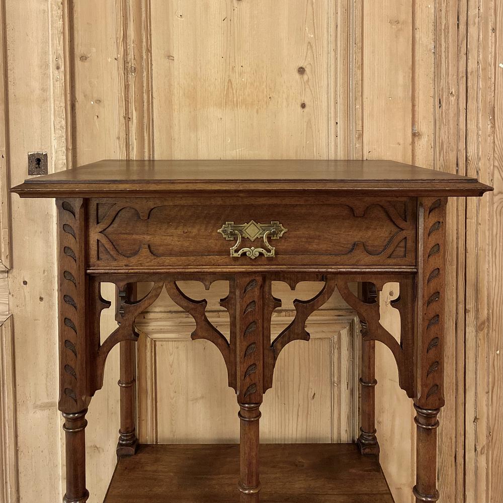 Brass 19th Century French Walnut Gothic Pedestal, Étagère End Table For Sale