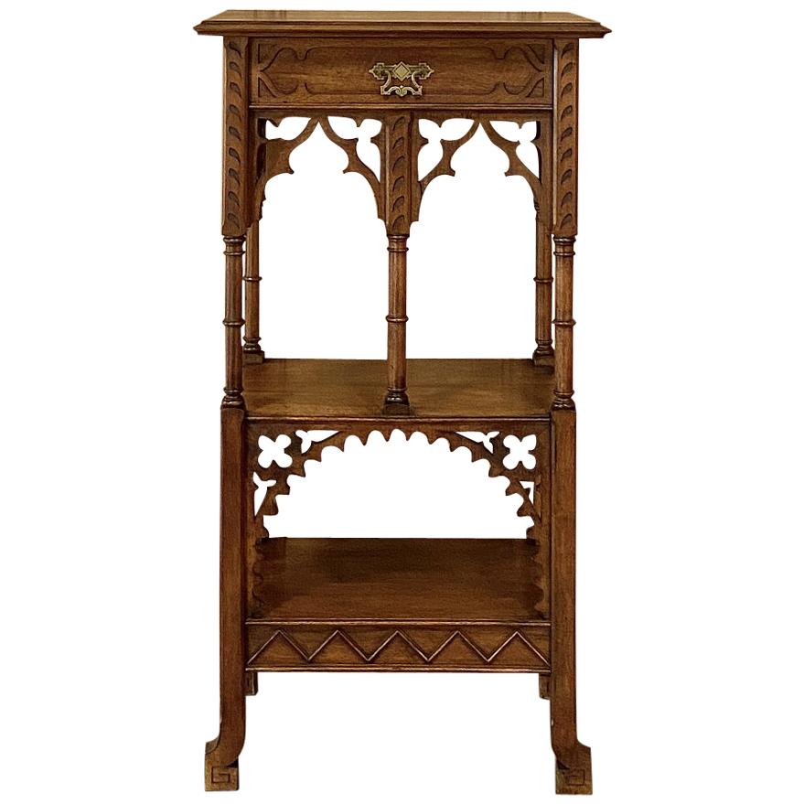 19th Century French Walnut Gothic Pedestal, Étagère End Table For Sale