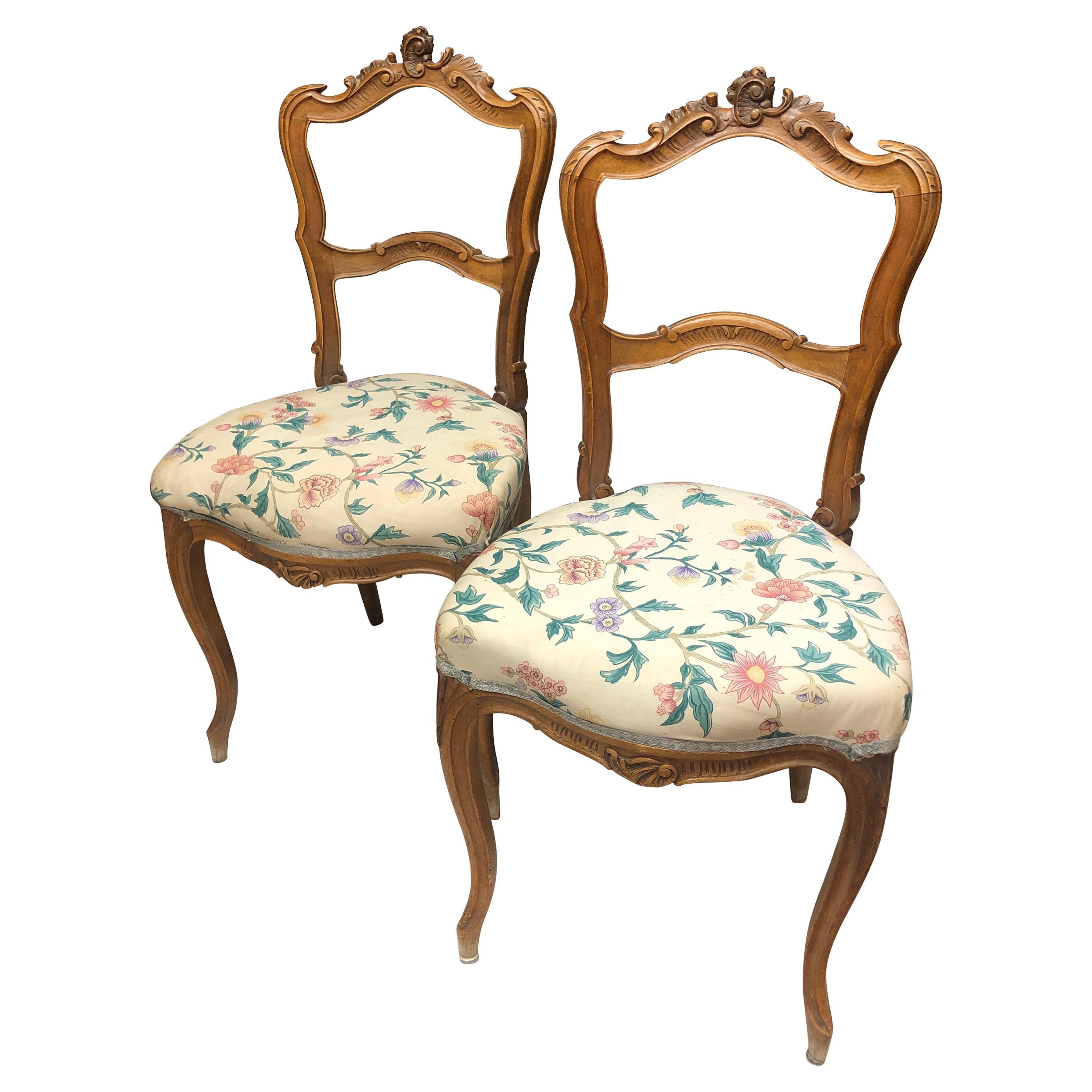 19th Century French Walnut Hand Carved Chairs in Louis XV Style
