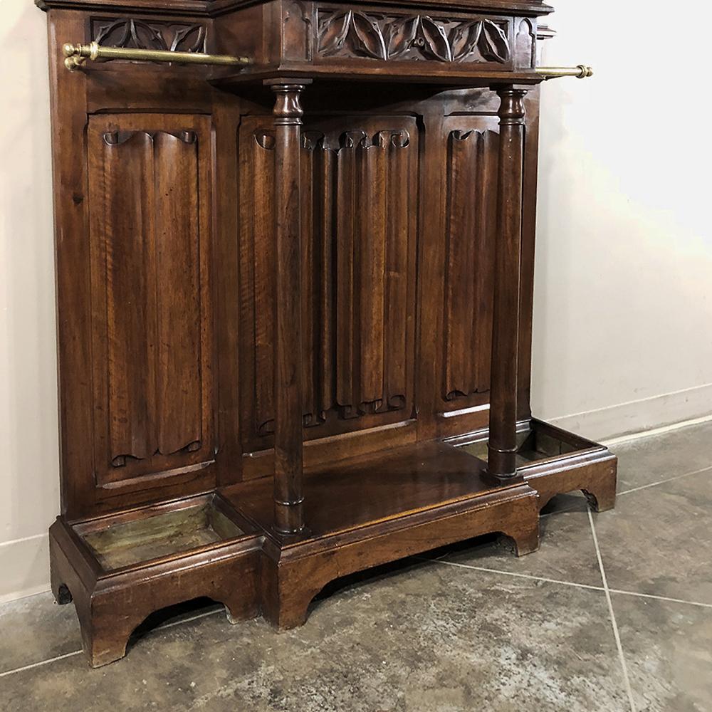 19th Century French Walnut Hand Carved Gothic Hall Tree 3