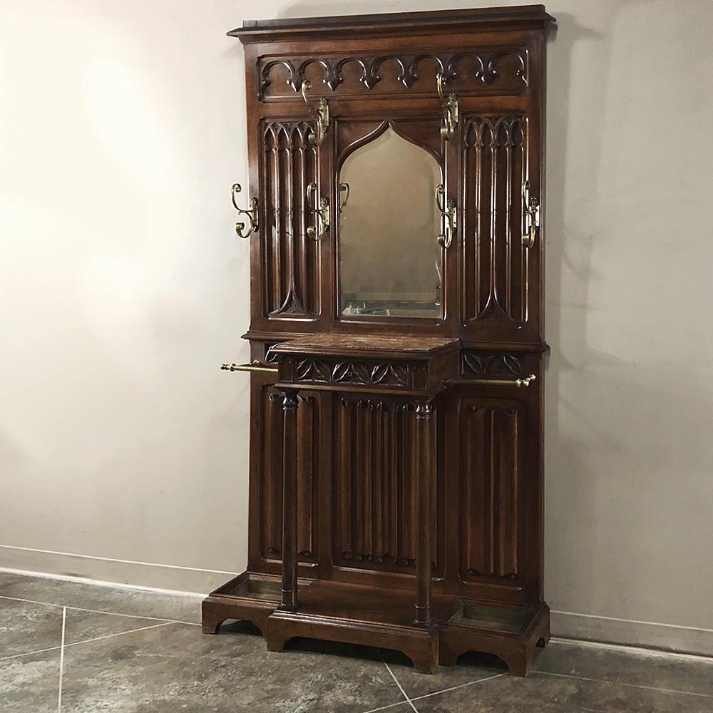 Gothic Revival 19th Century French Walnut Hand Carved Gothic Hall Tree