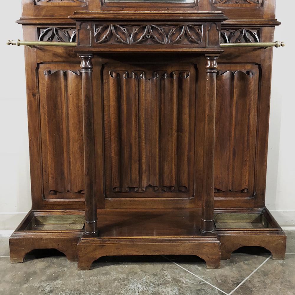 Mid-19th Century 19th Century French Walnut Hand Carved Gothic Hall Tree