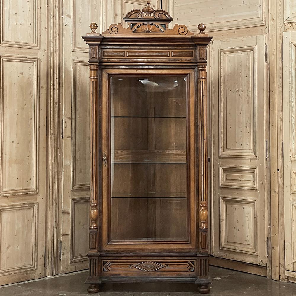 Beveled 19th Century French Walnut Henri II Bookcase ~ Display Armoire For Sale
