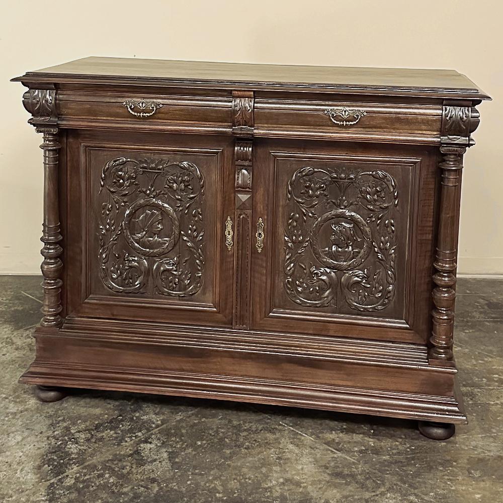 19th Century French Walnut Henri II Buffet is a refined expression of the Renaissance Revival and in this example combines neoclassical architecture inspired by the ancient Greeks and Romans with embellishments that recall the glory years of Da
