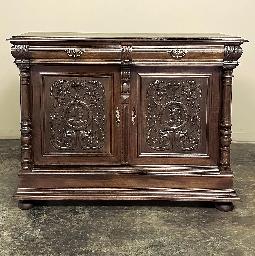 Hand-Carved 19th Century French Walnut Henri II Buffet For Sale