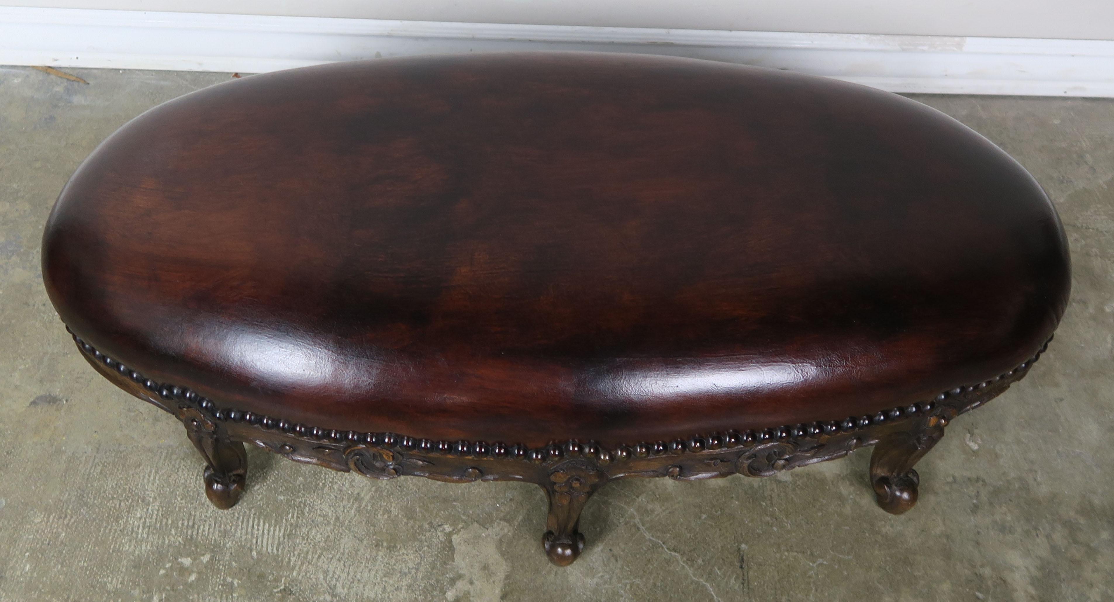 Hand-Carved 19th century French Walnut Leather Louis XV Style Footstool