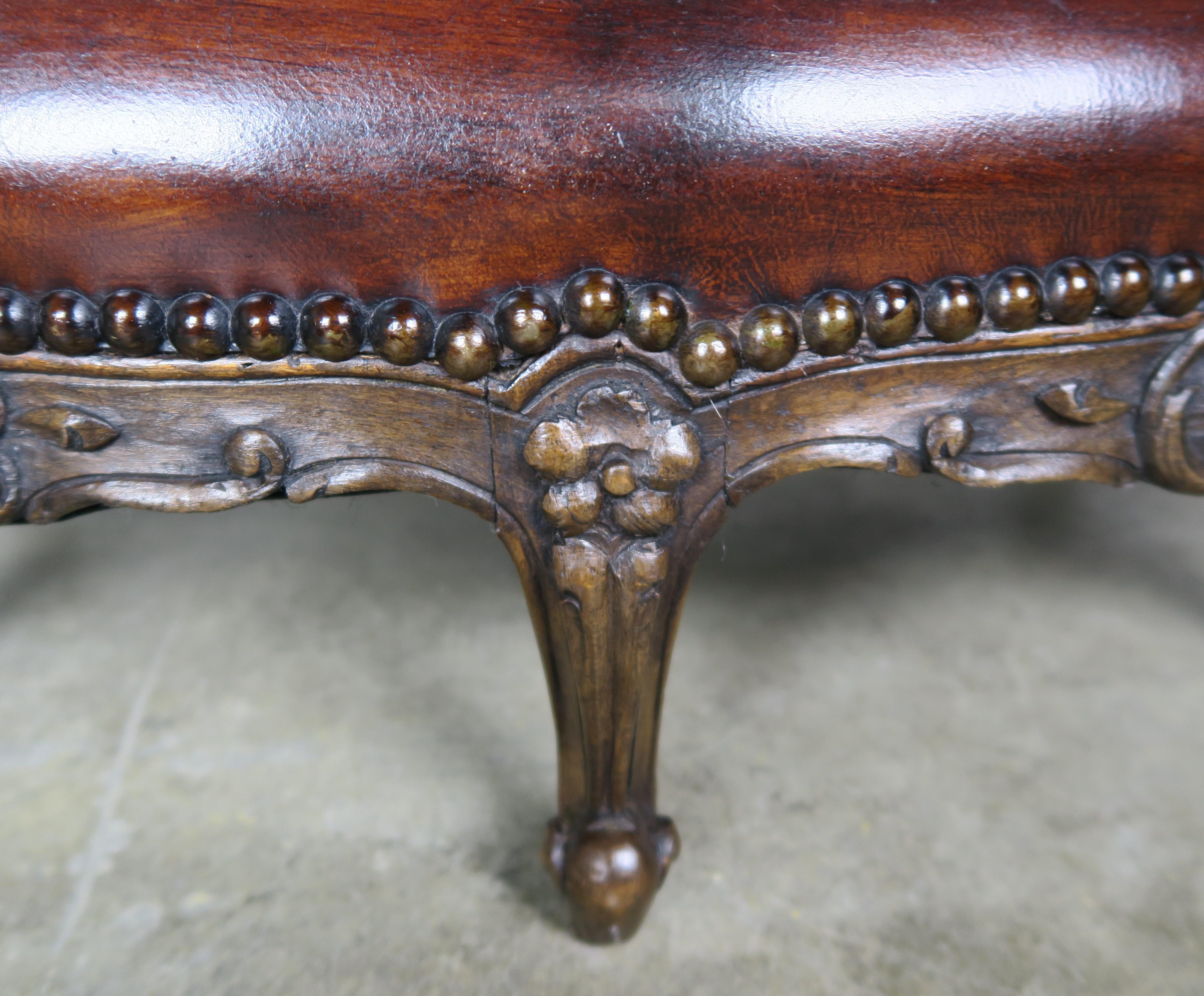19th century French Walnut Leather Louis XV Style Footstool In Distressed Condition In Los Angeles, CA