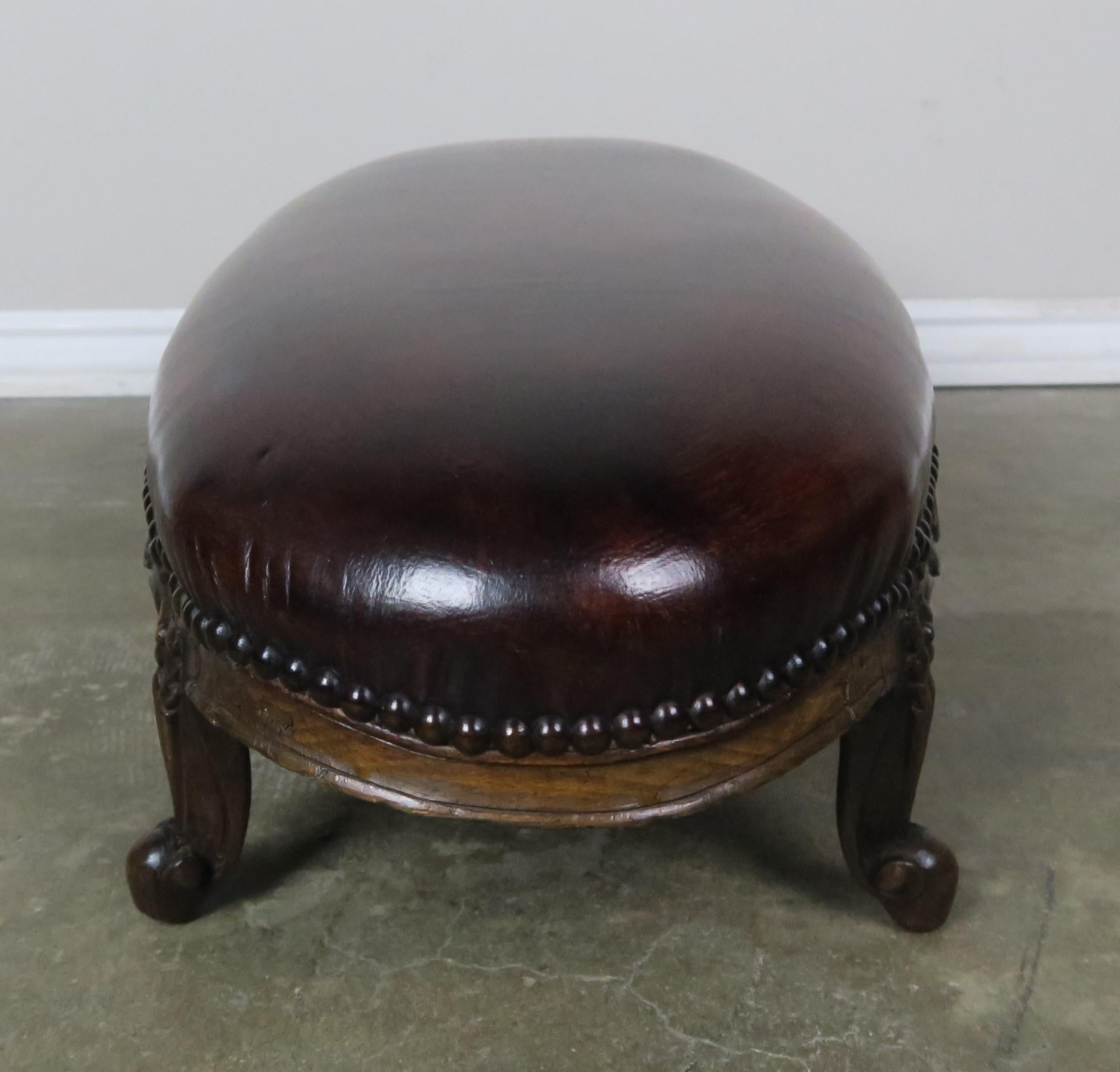 19th century French Walnut Leather Louis XV Style Footstool 1