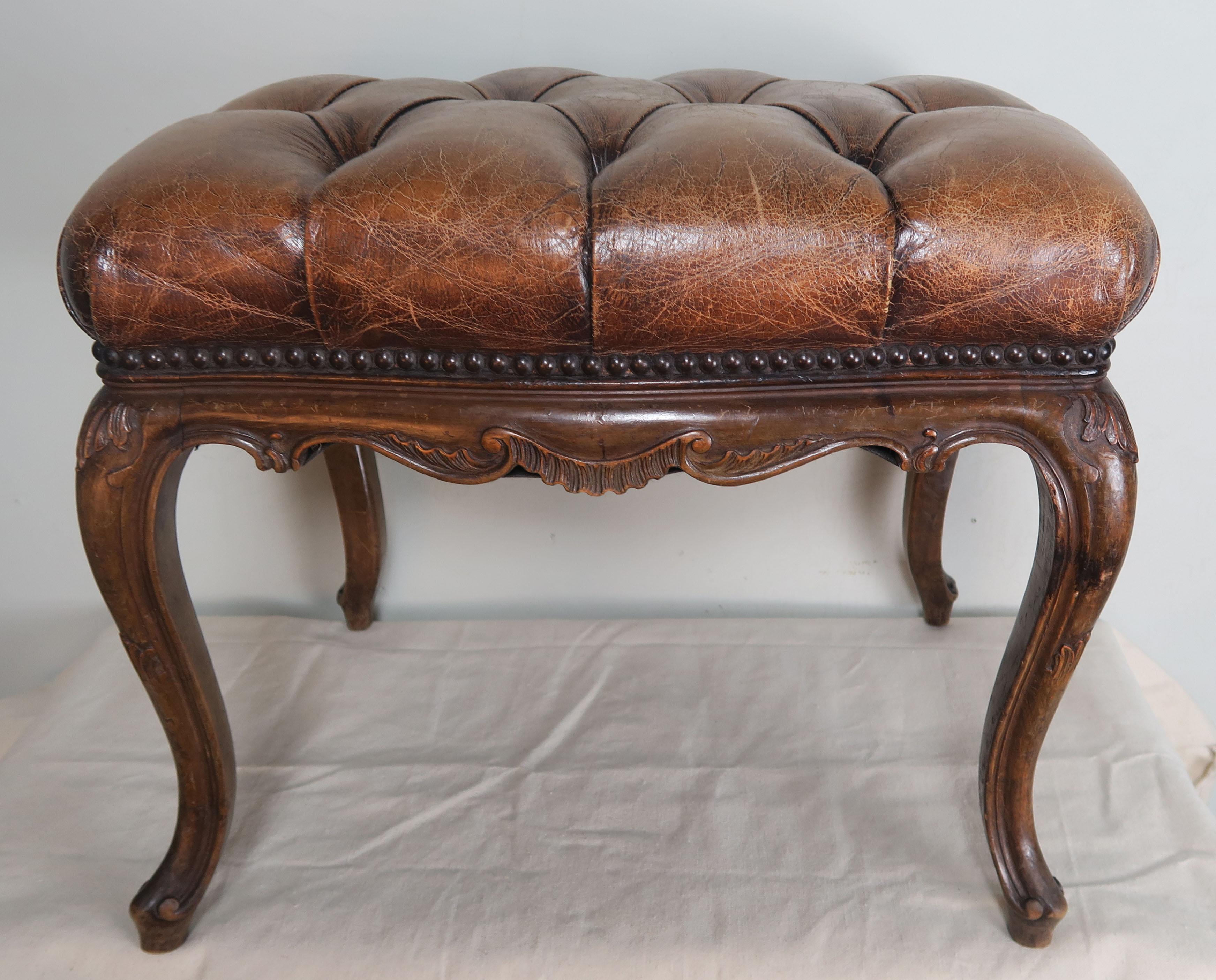Louis XV 19th Century French Walnut Leather Tufted Bench