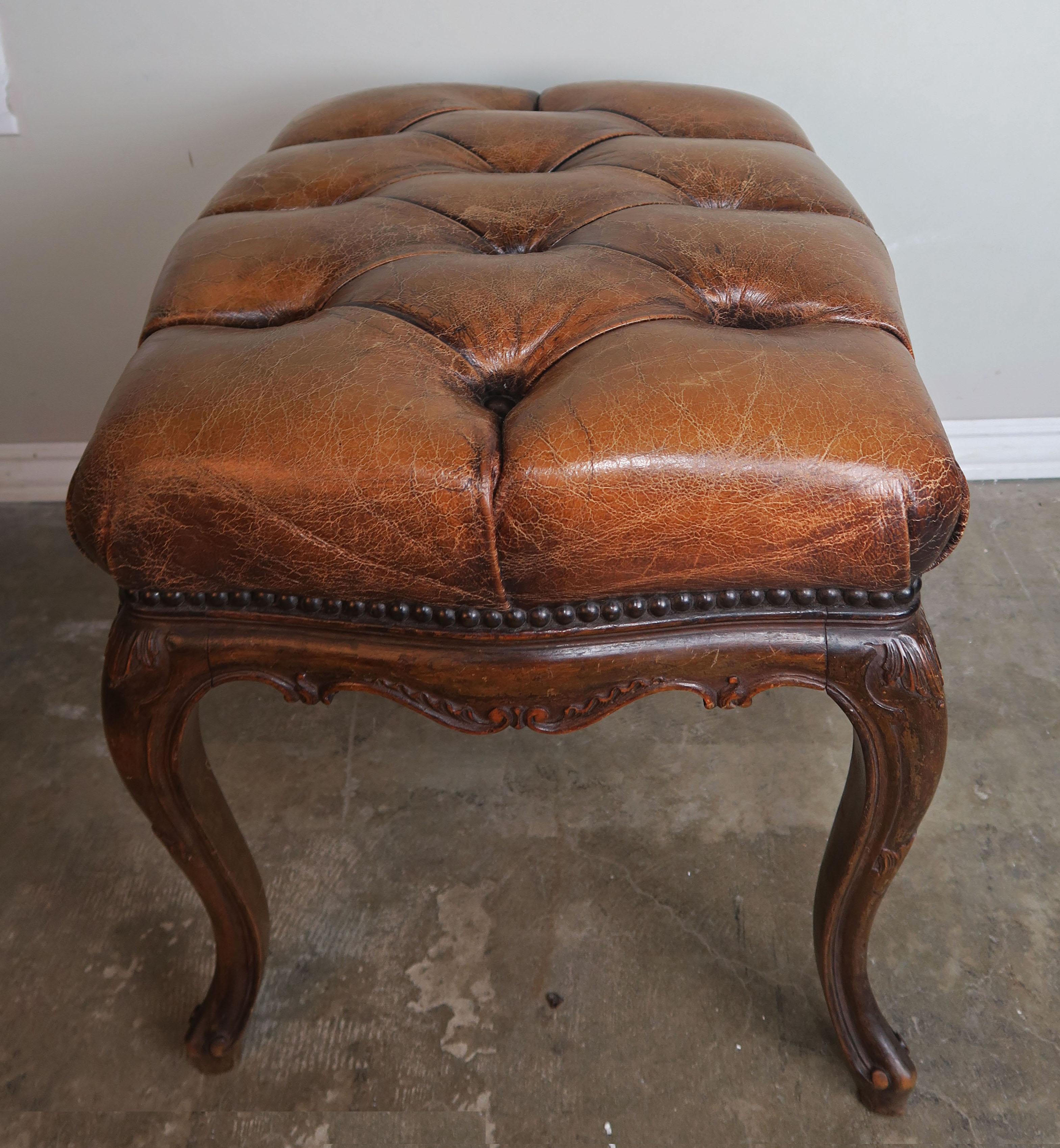 19th Century French Walnut Leather Tufted Bench In Distressed Condition In Los Angeles, CA