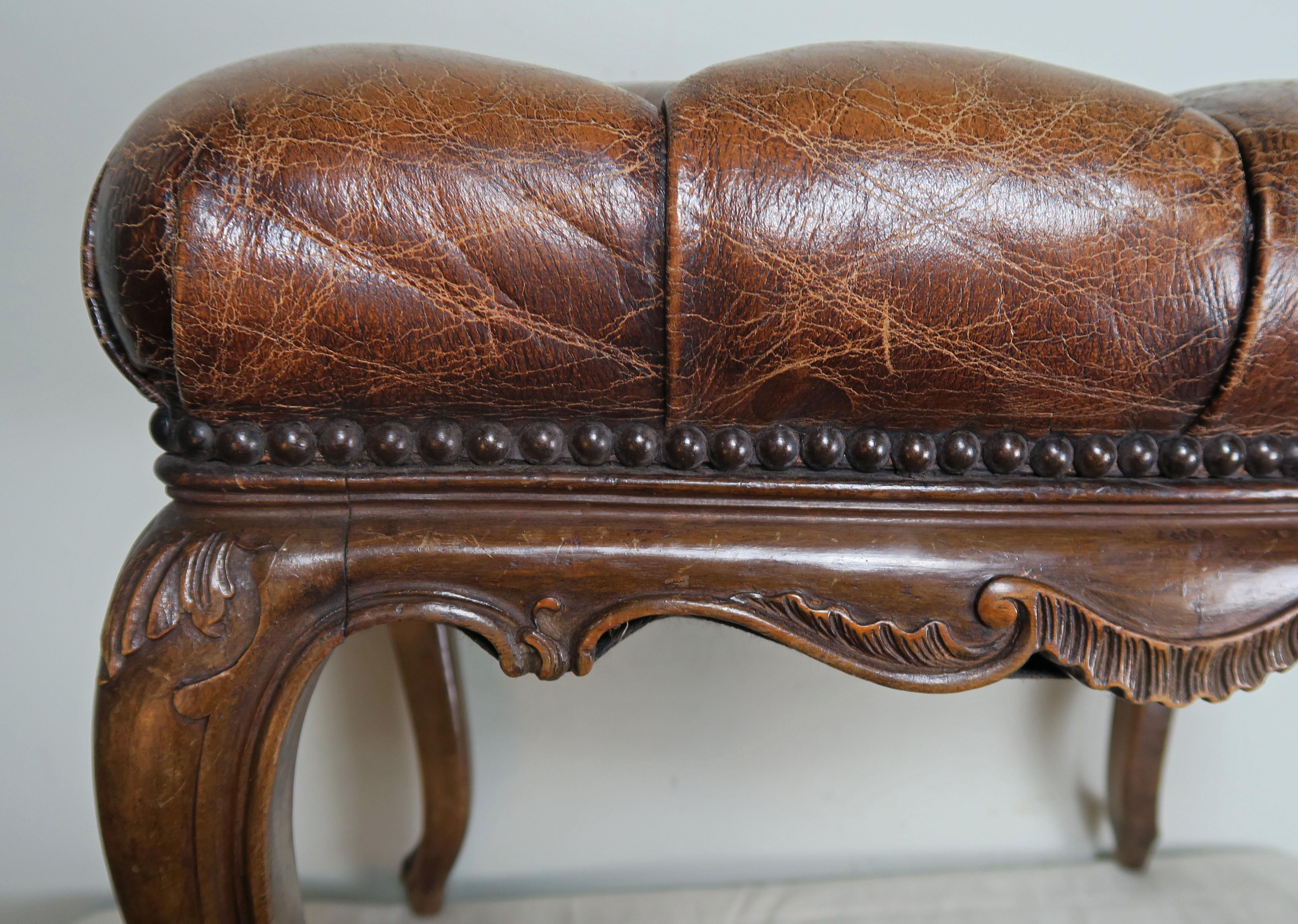 Late 19th Century 19th Century French Walnut Leather Tufted Bench