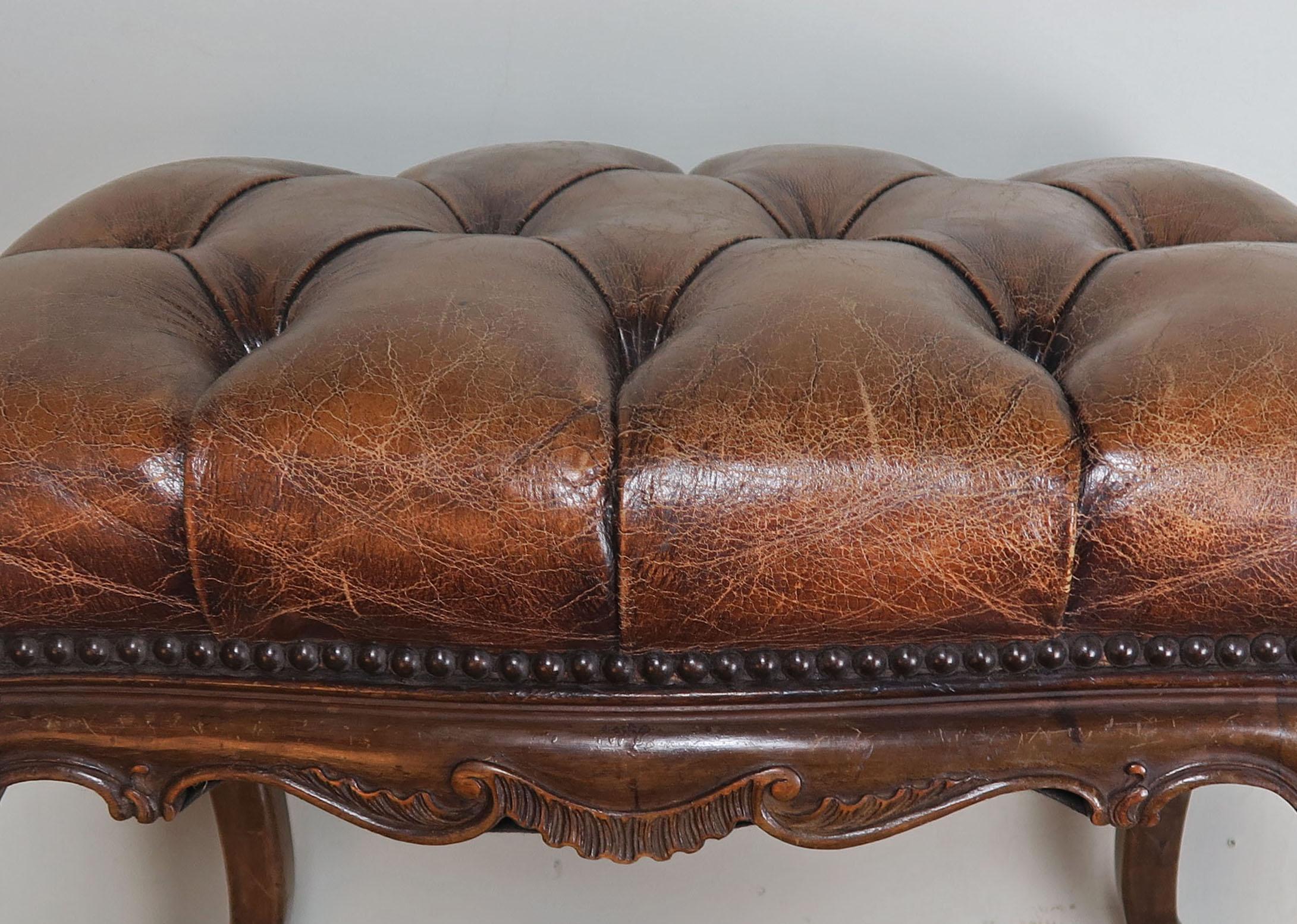 19th Century French Walnut Leather Tufted Bench 1