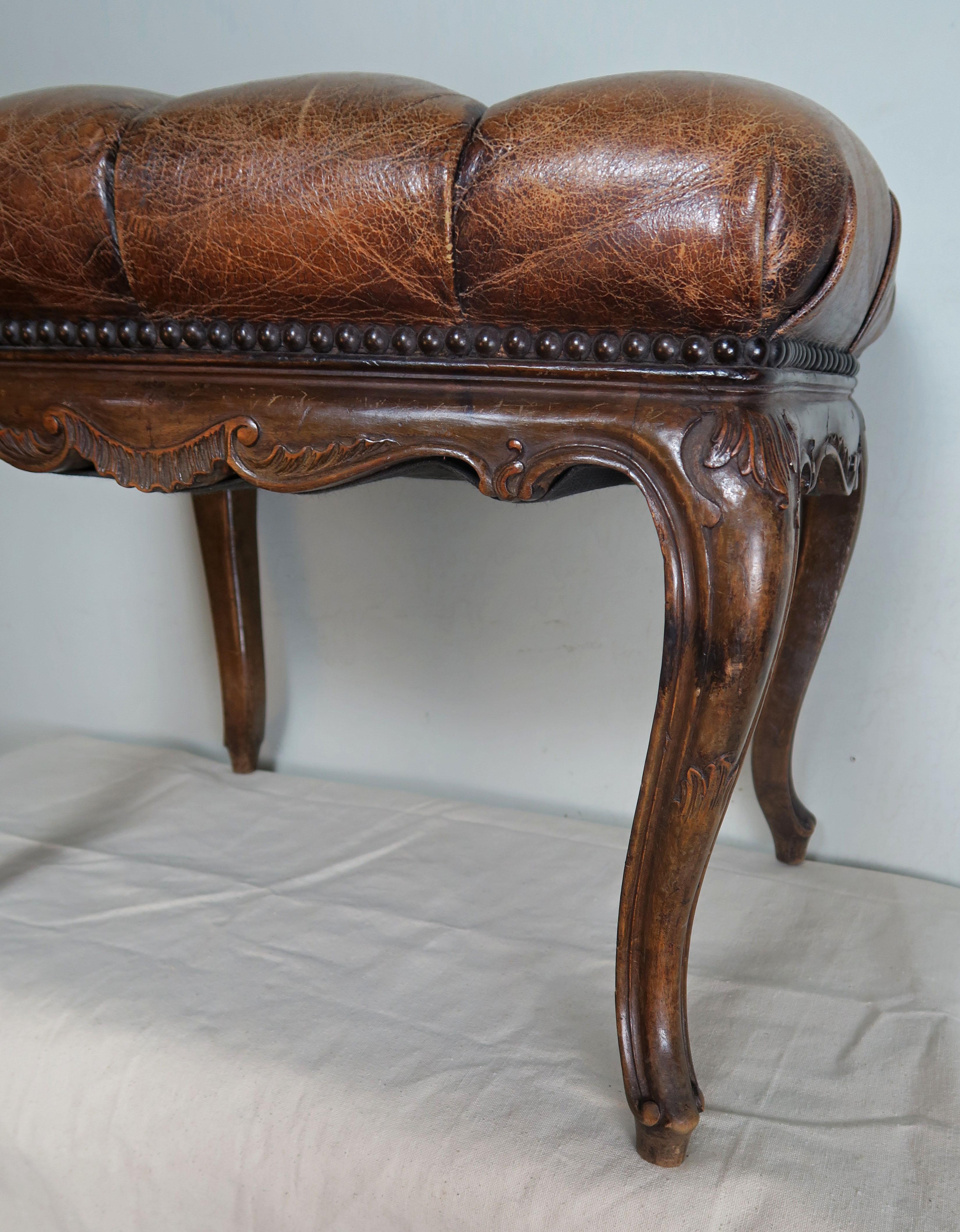 19th Century French Walnut Leather Tufted Bench 2