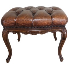 19th Century French Walnut Leather Tufted Bench