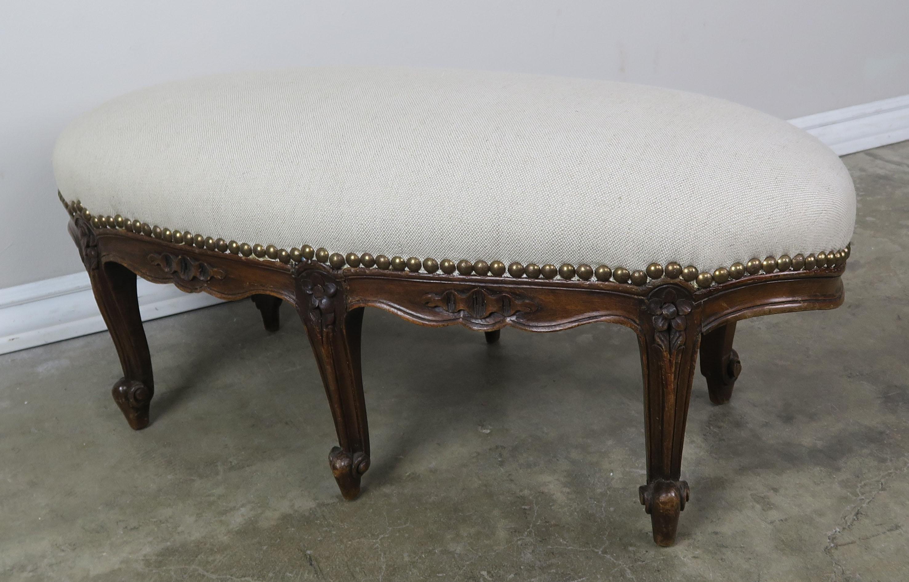 19th Century French Walnut Linen Footstool 1