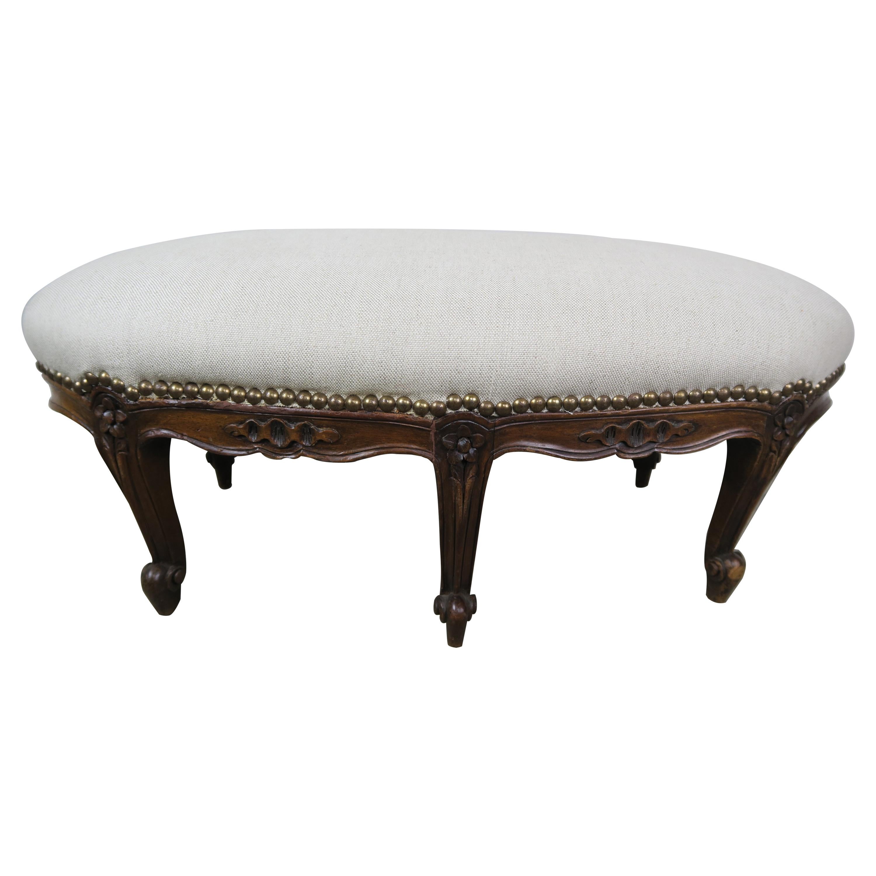 19th Century French Walnut Linen Footstool