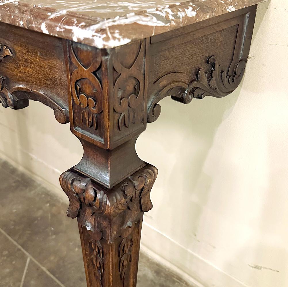 19th Century French Walnut Louis XIV Marble Top Console For Sale 10