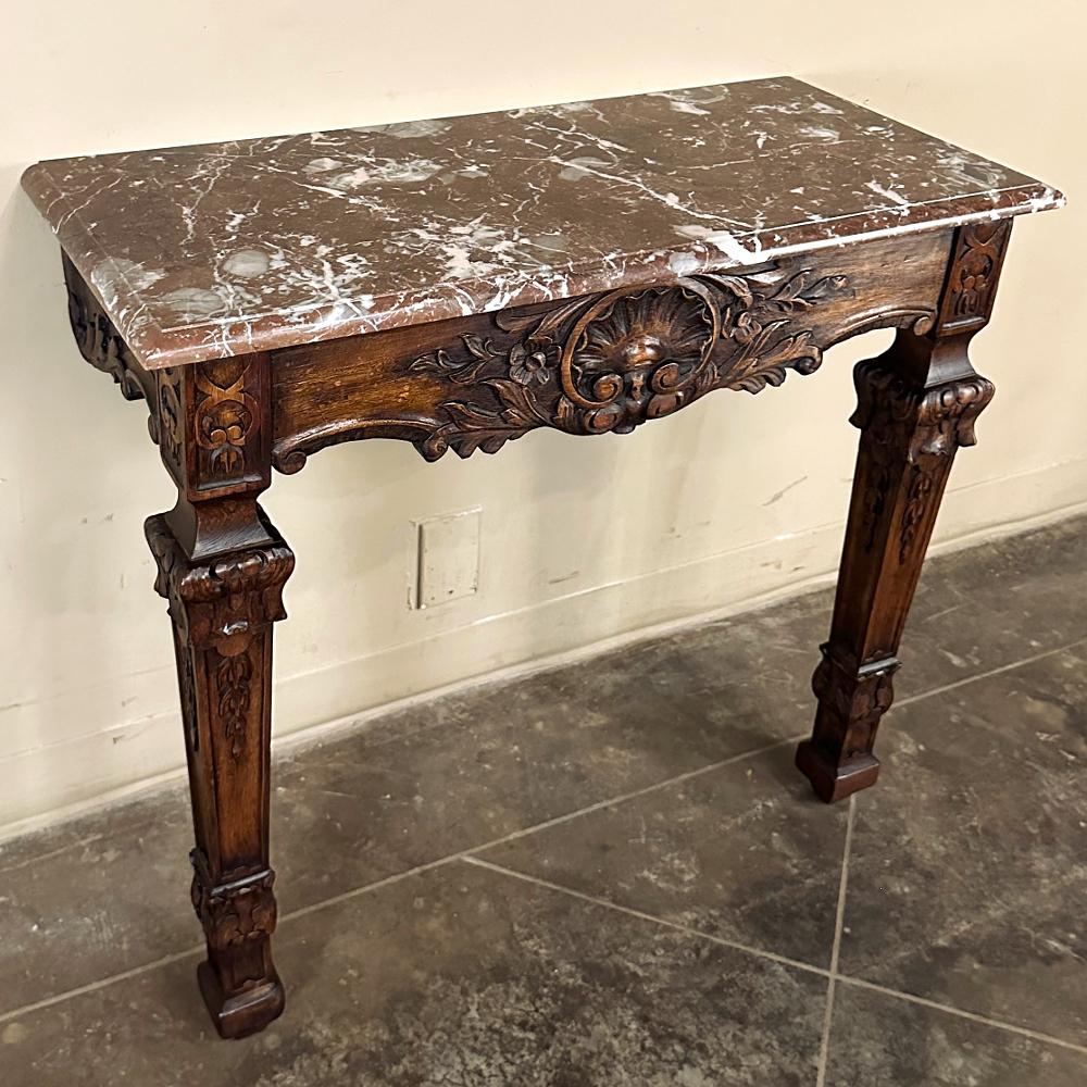 19th Century French Walnut Louis XIV Marble Top Console For Sale 11