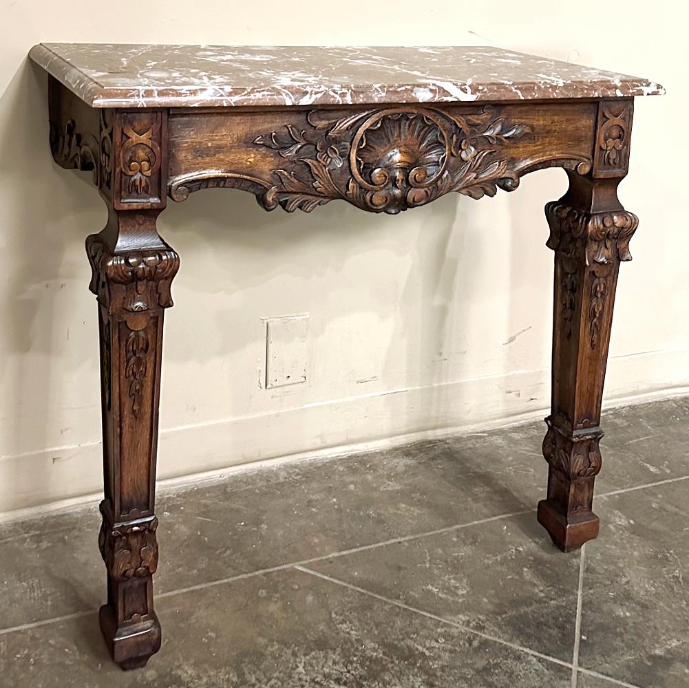 Hand-Carved 19th Century French Walnut Louis XIV Marble Top Console For Sale