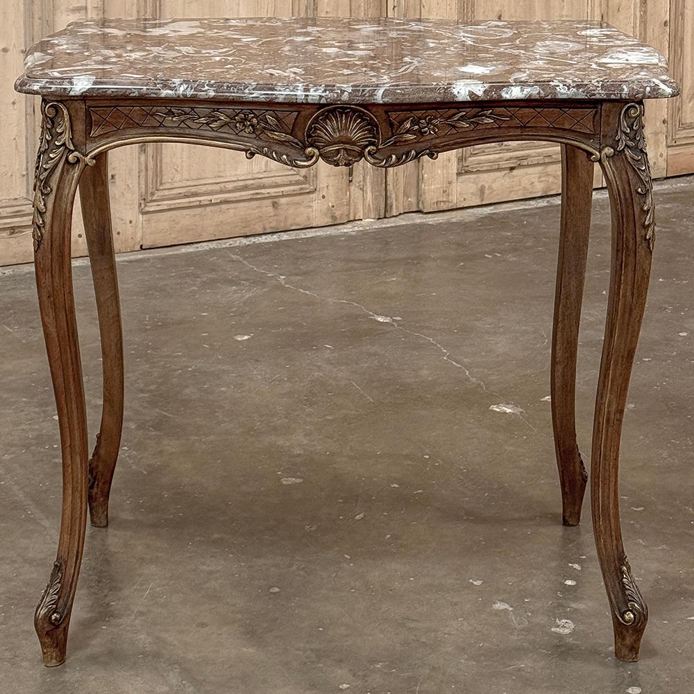 Hand-Carved 19th Century French Walnut Louis XV Marble Top End Table For Sale