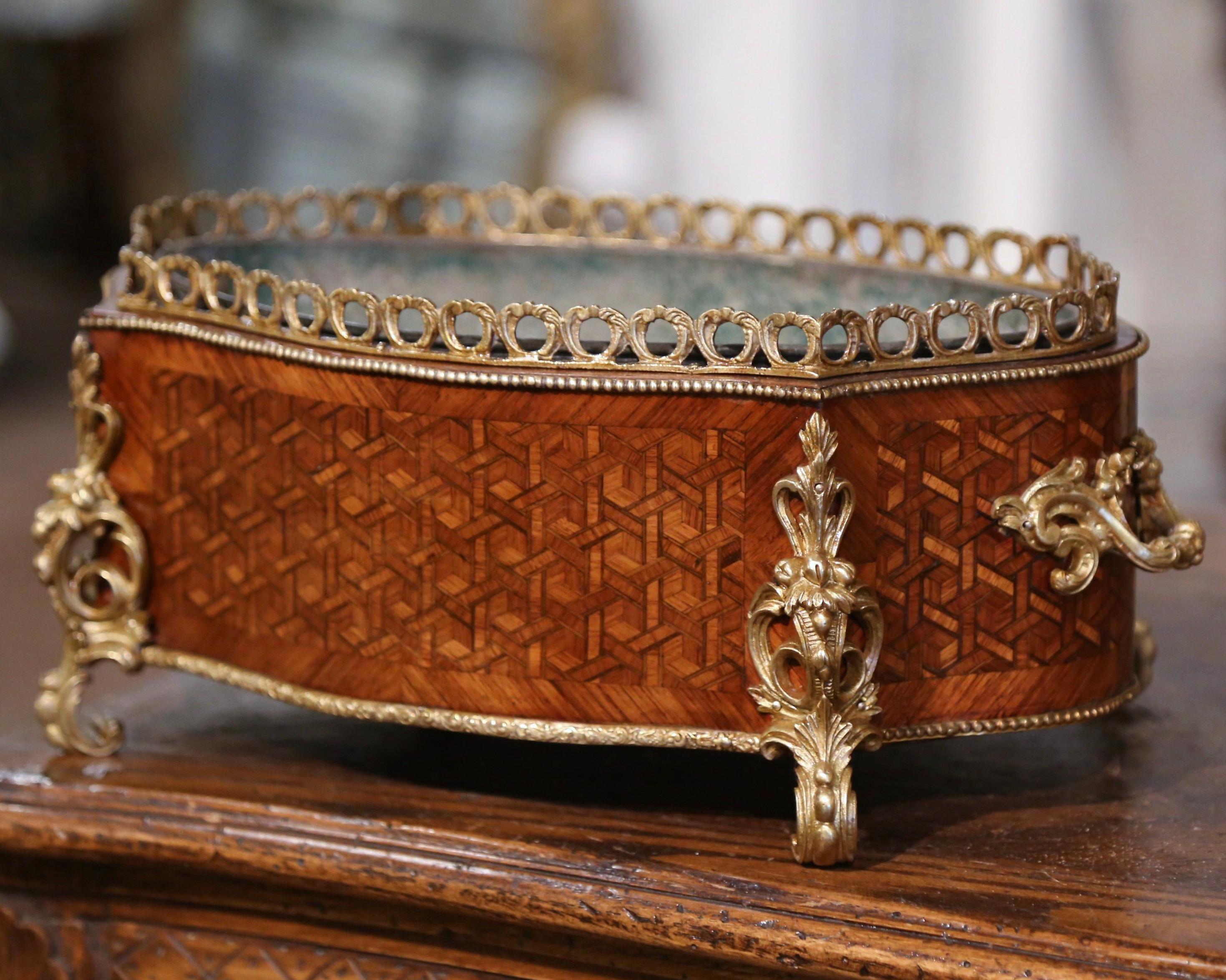 This elegant oval planter was crafted in Paris, France circa 1870. The antique walnut jardinière features a serpentine front and bombe sides dressed with intricate bronze handles; the planter is decorated with marquetry motifs on all sides. The top