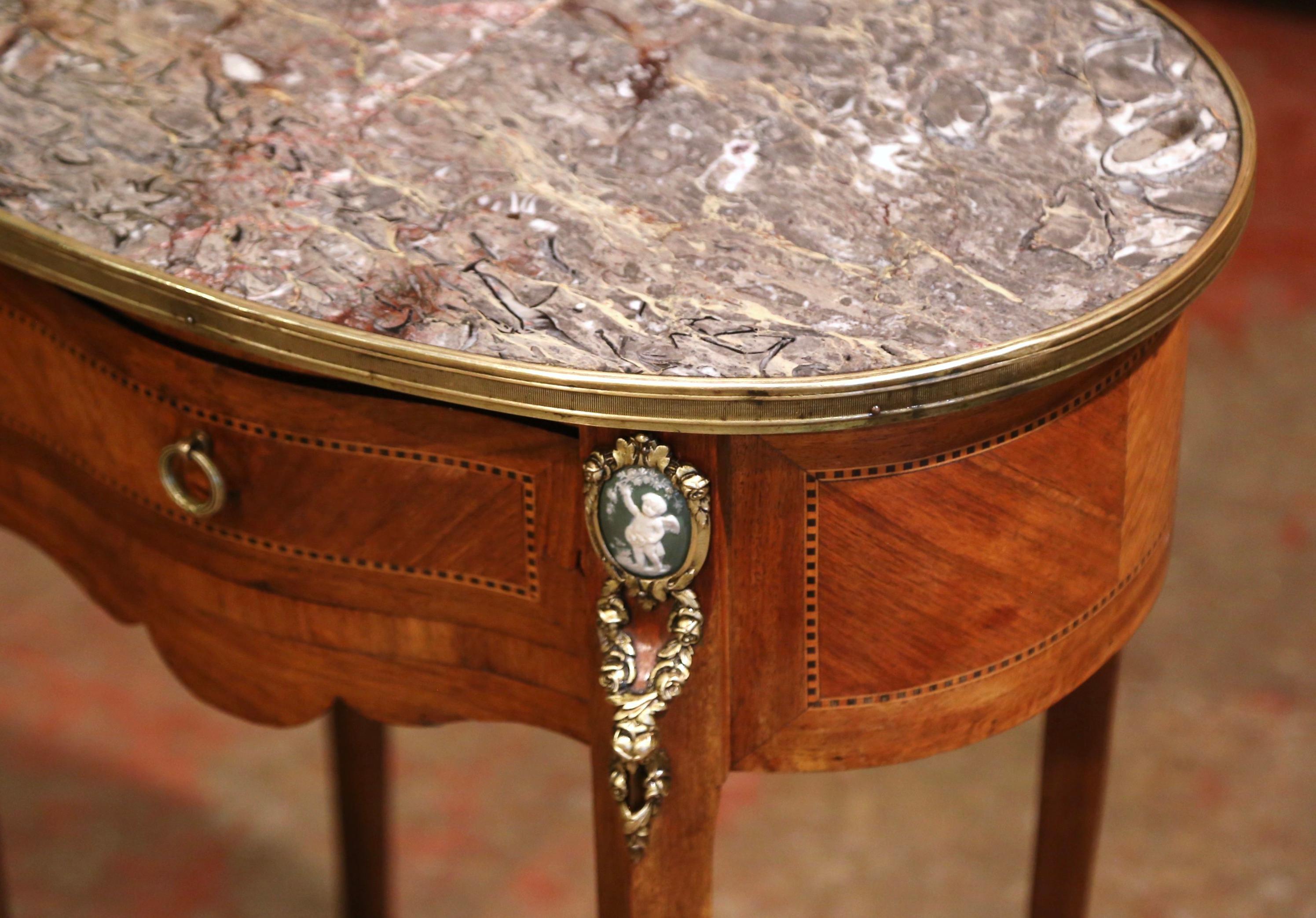 19th Century French Walnut Marquetry Side Table with Marble Top and Brass Rim 4