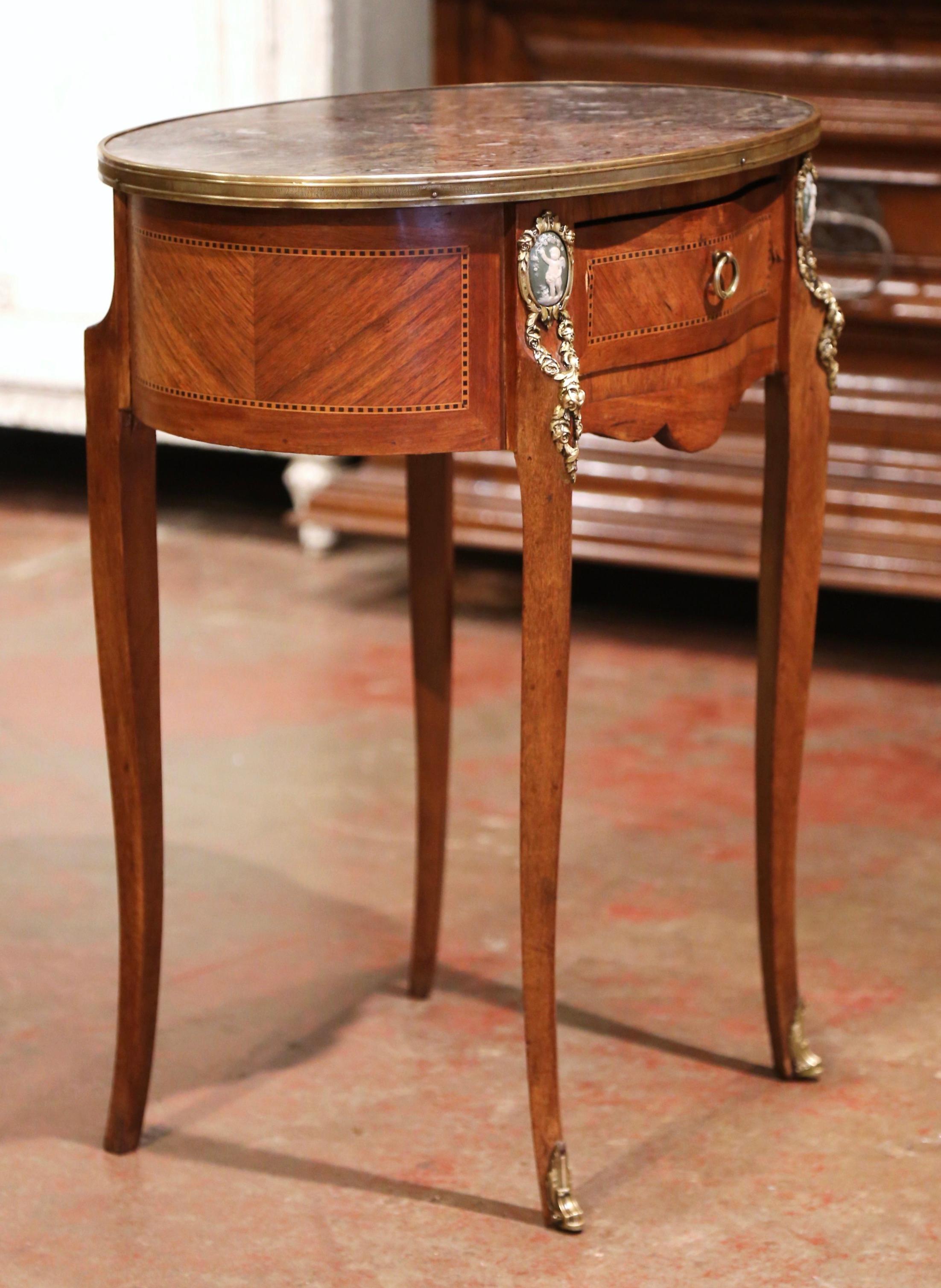19th Century French Walnut Marquetry Side Table with Marble Top and Brass Rim 5