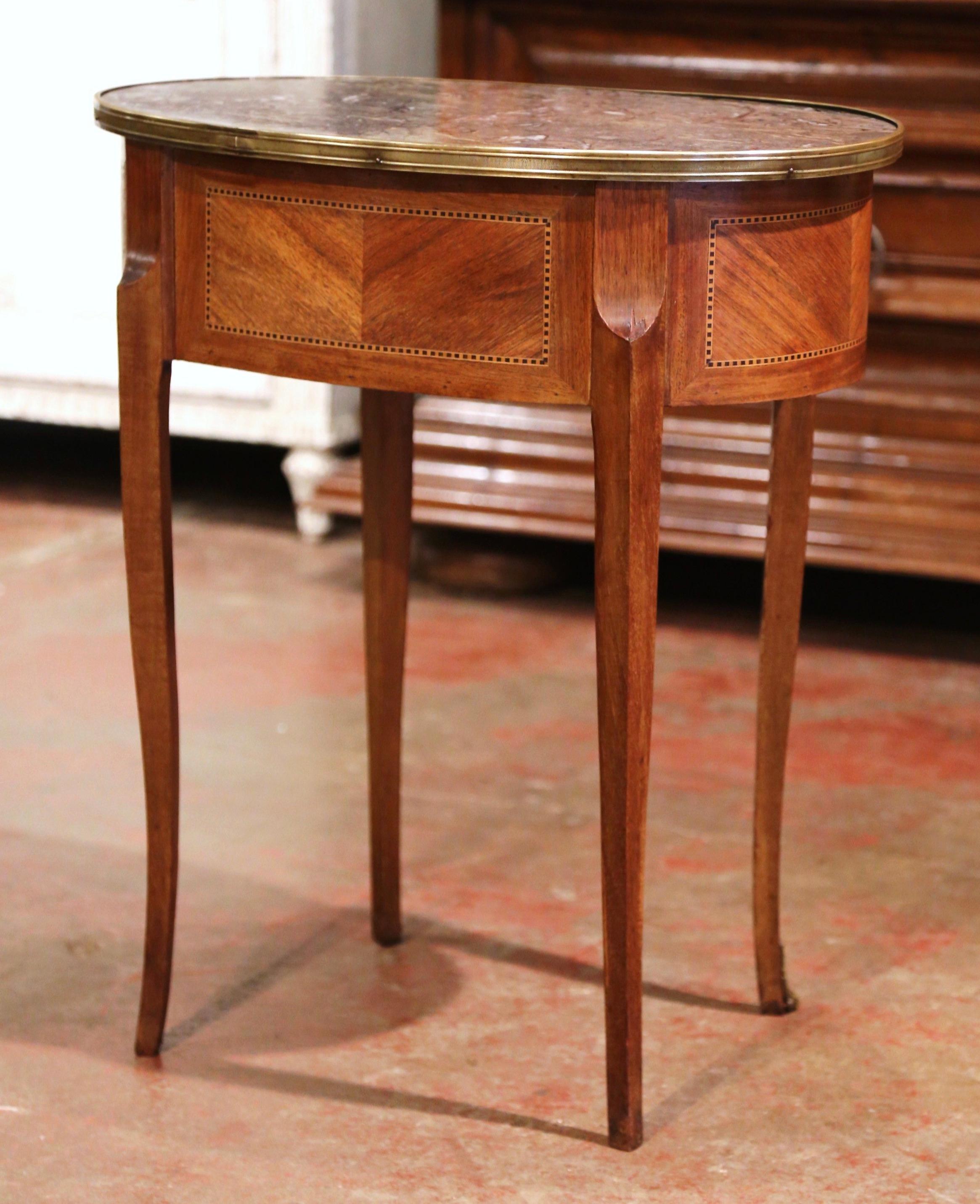 19th Century French Walnut Marquetry Side Table with Marble Top and Brass Rim 6