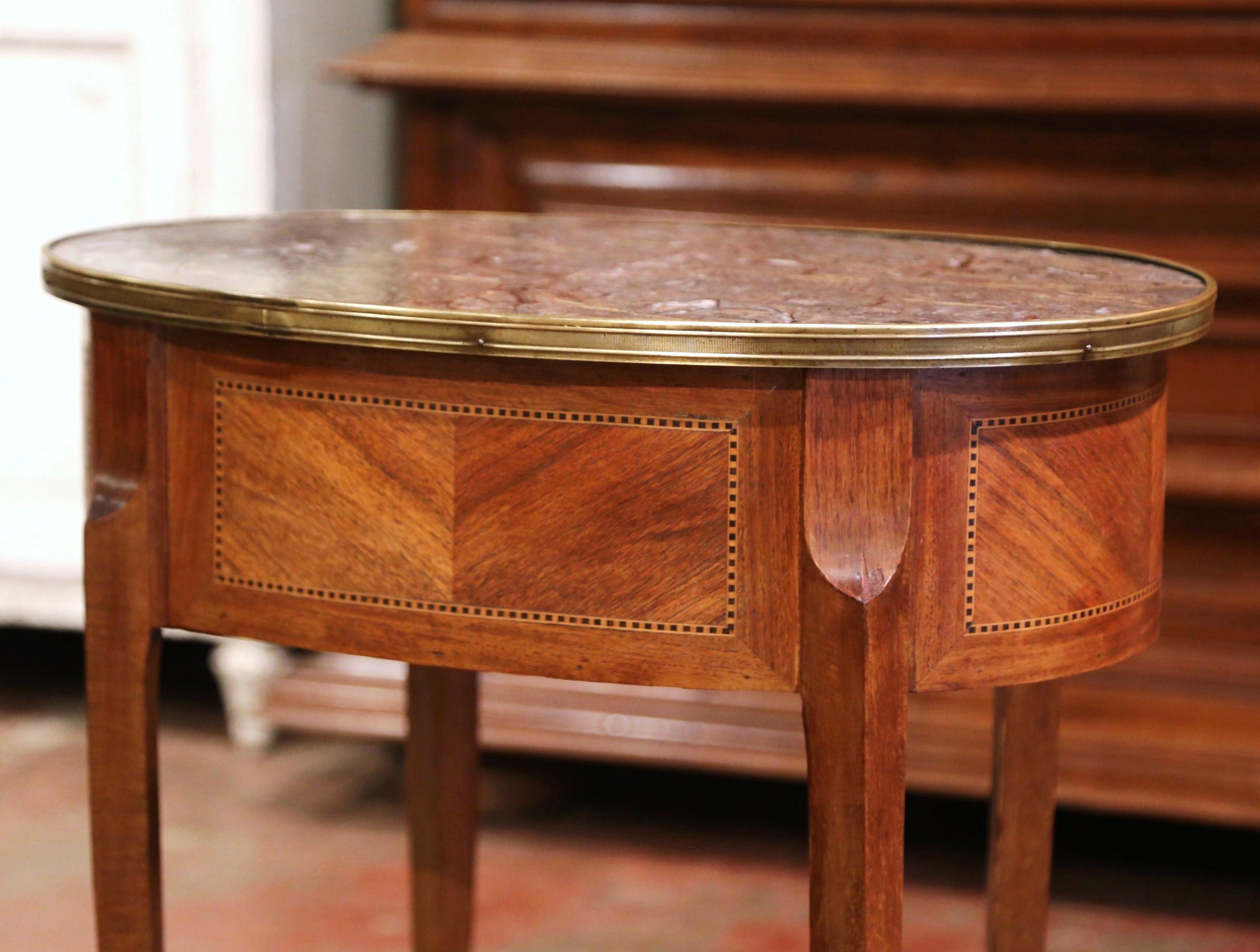19th Century French Walnut Marquetry Side Table with Marble Top and Brass Rim 7