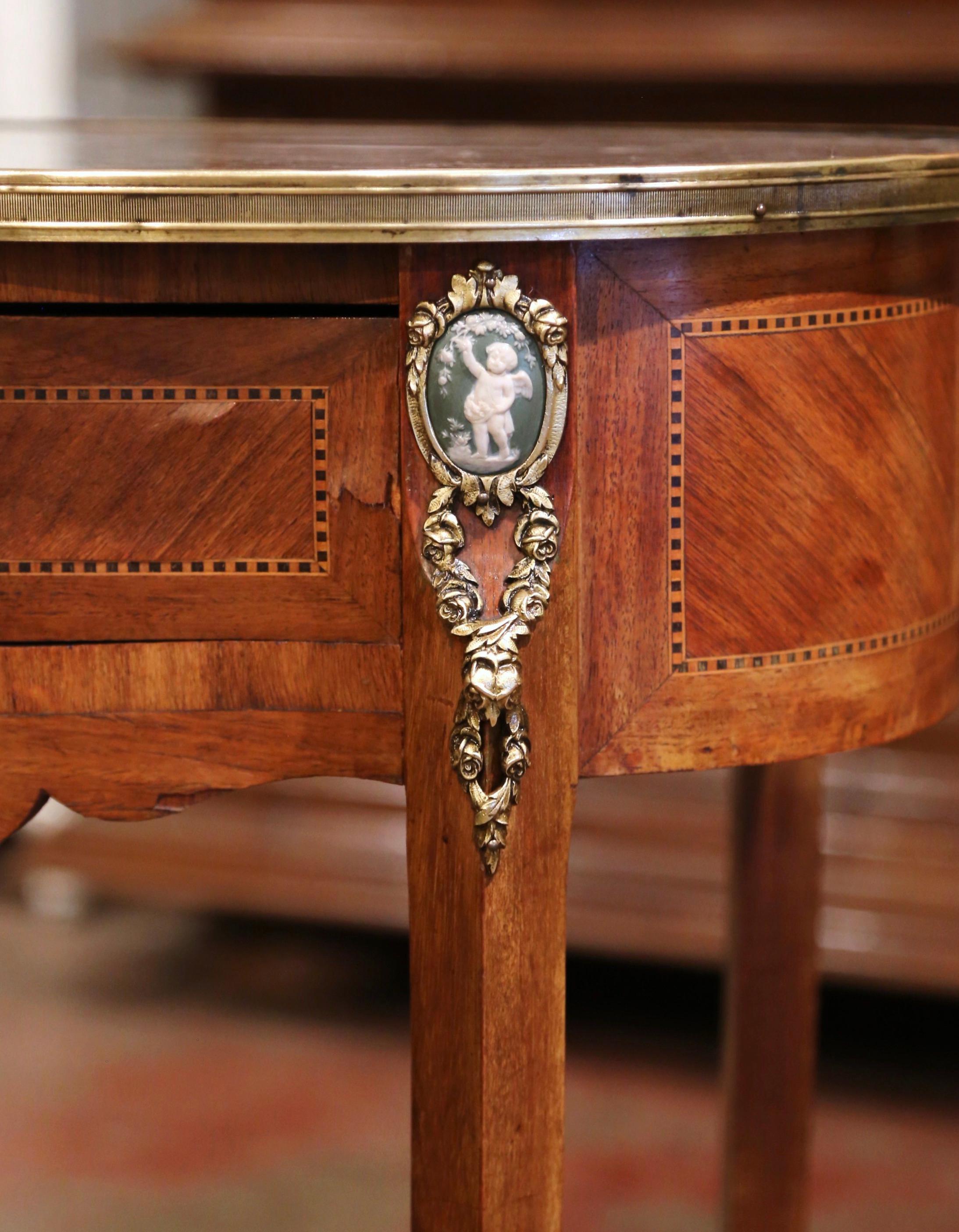 Gilt 19th Century French Walnut Marquetry Side Table with Marble Top and Brass Rim