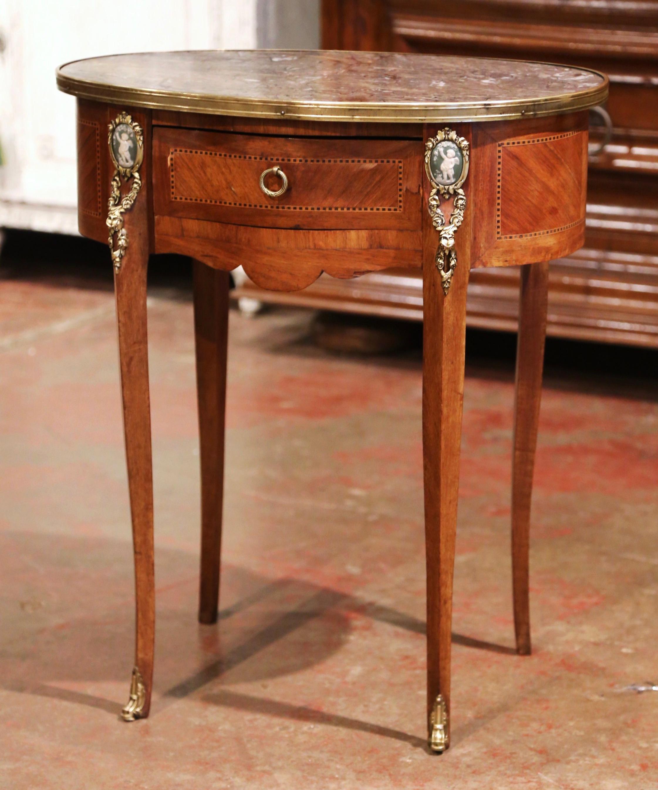 19th Century French Walnut Marquetry Side Table with Marble Top and Brass Rim In Excellent Condition In Dallas, TX