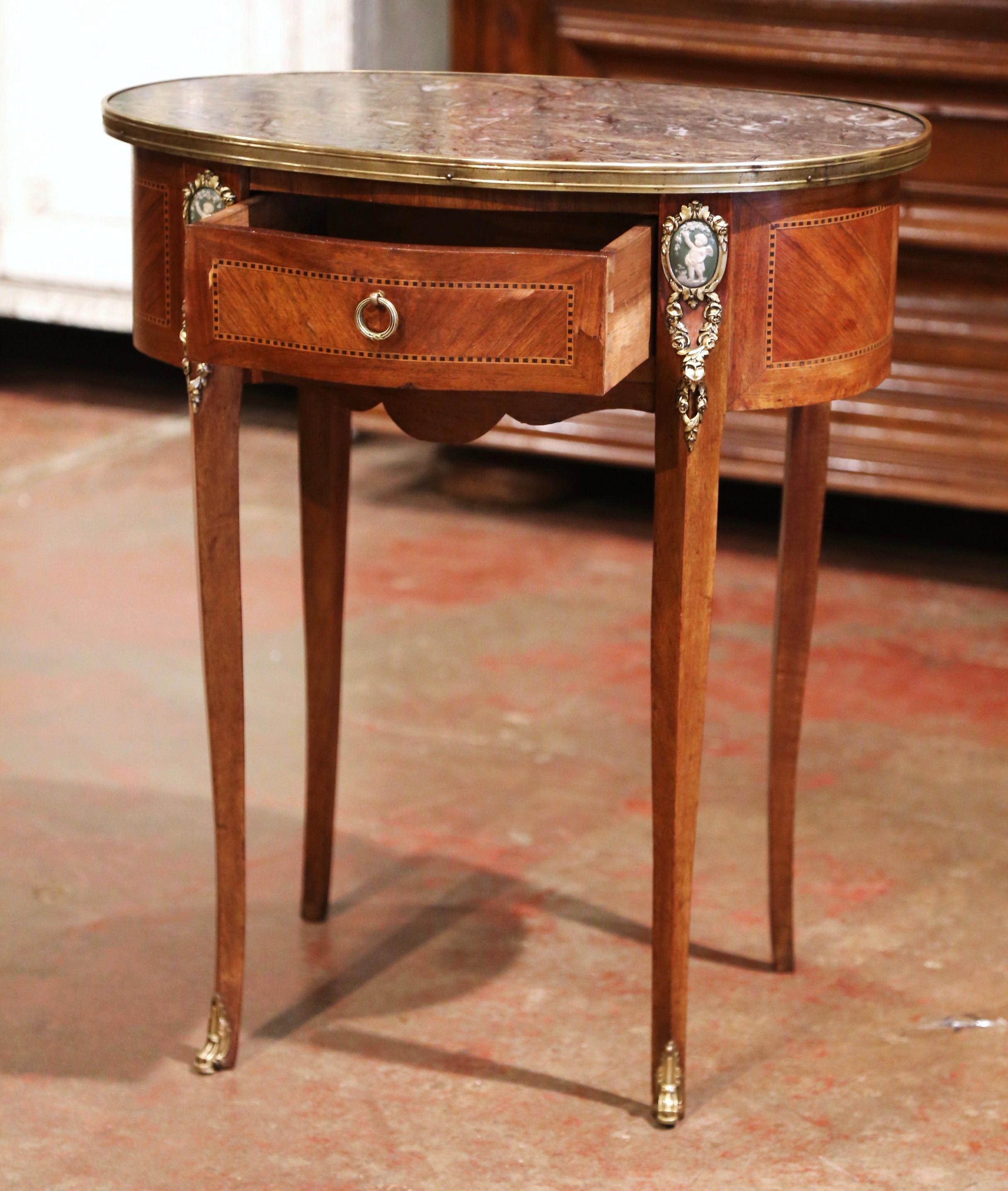 19th Century French Walnut Marquetry Side Table with Marble Top and Brass Rim 1