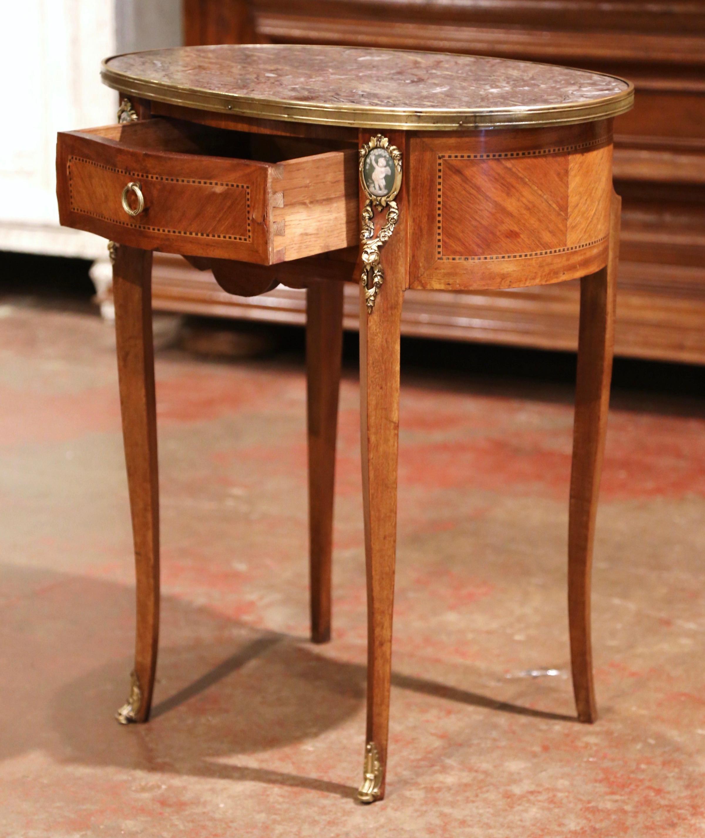 19th Century French Walnut Marquetry Side Table with Marble Top and Brass Rim 2