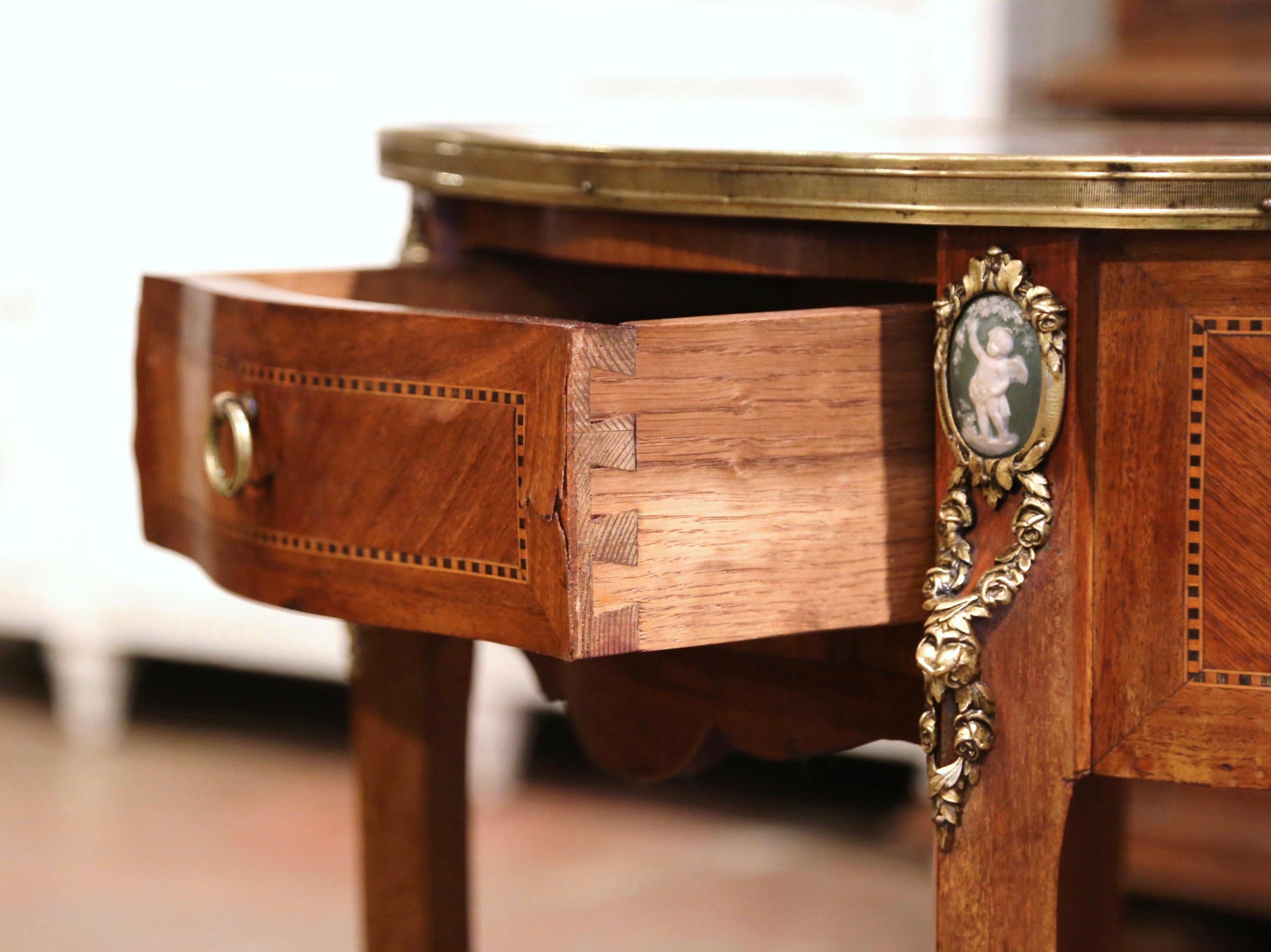 19th Century French Walnut Marquetry Side Table with Marble Top and Brass Rim 3