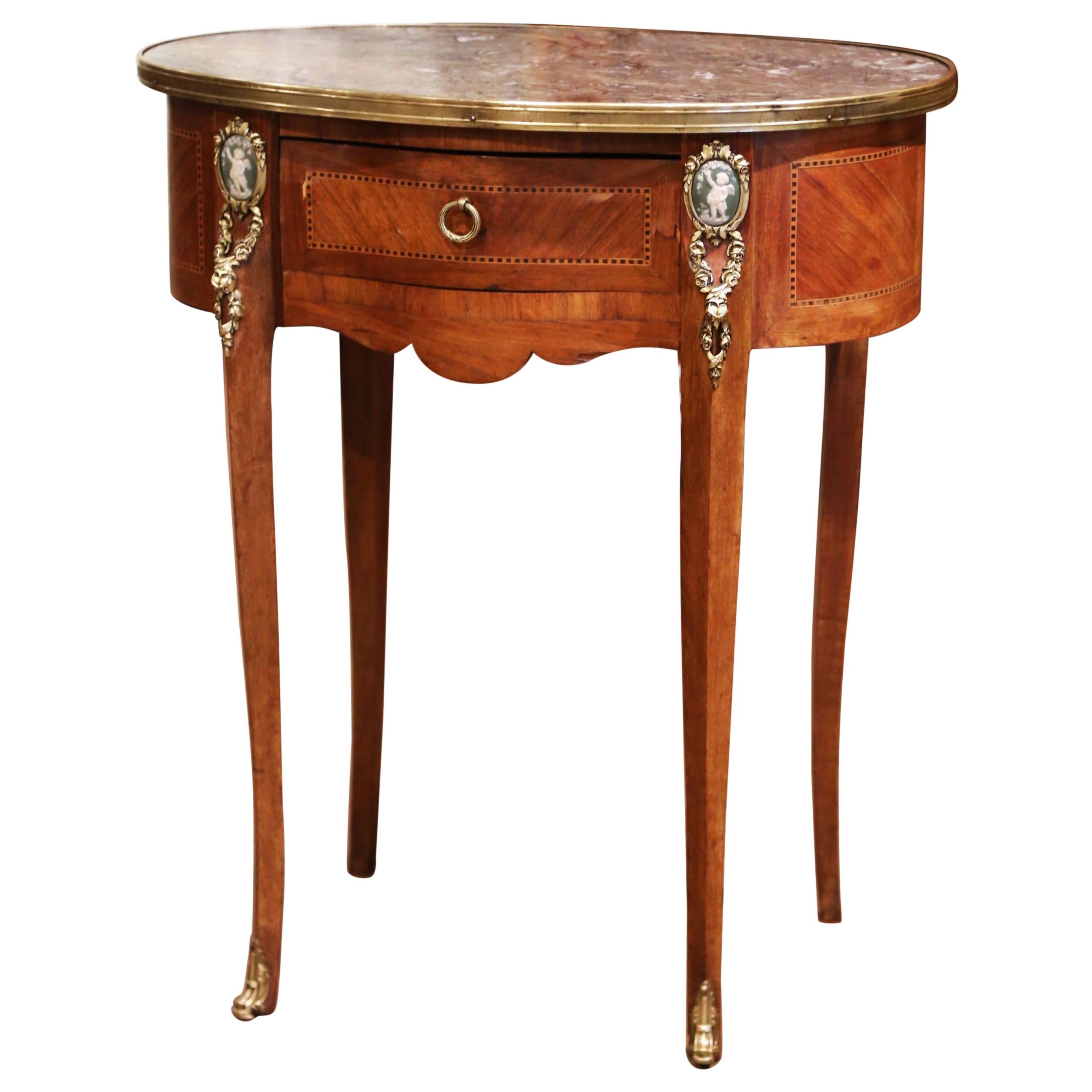 19th Century French Walnut Marquetry Side Table with Marble Top and Brass Rim