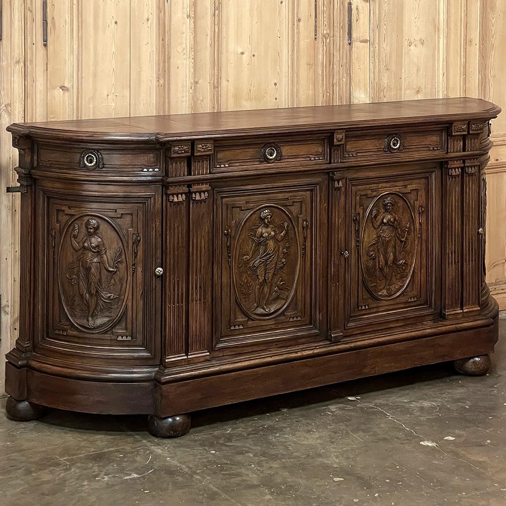 19th Century French Walnut Neoclassical Buffet with Four Seasons is a stunning work of art that also happens to perform admirably as a sideboard with abundant storage and serving or display surface!  Rendered from sumptuous French walnut,., it