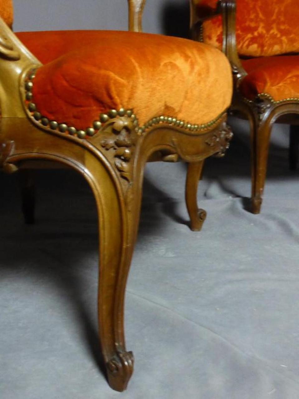 Velvet 19th Century French Walnut Pair of Louis XV Style Armchairs