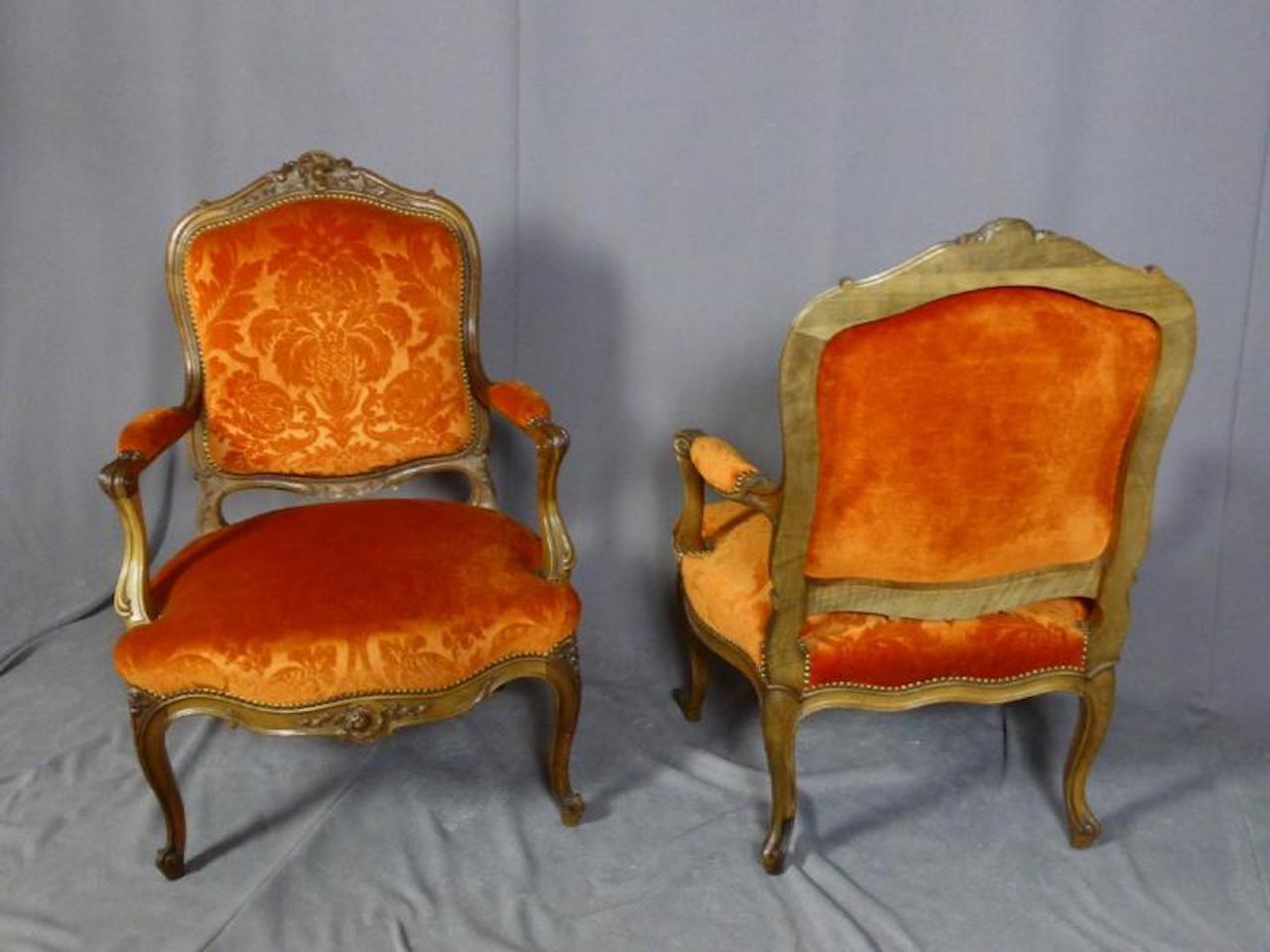 19th Century French Walnut Pair of Louis XV Style Armchairs 3