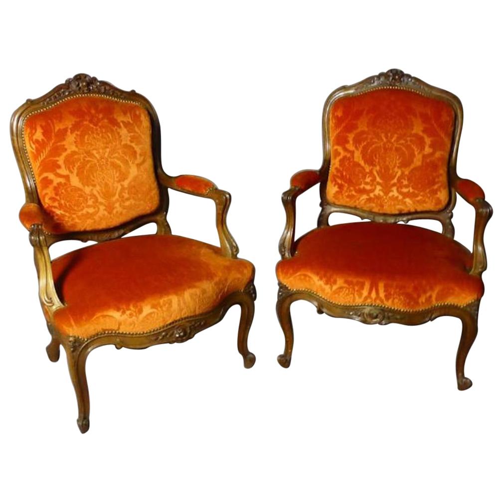 19th Century French Walnut Pair of Louis XV Style Armchairs