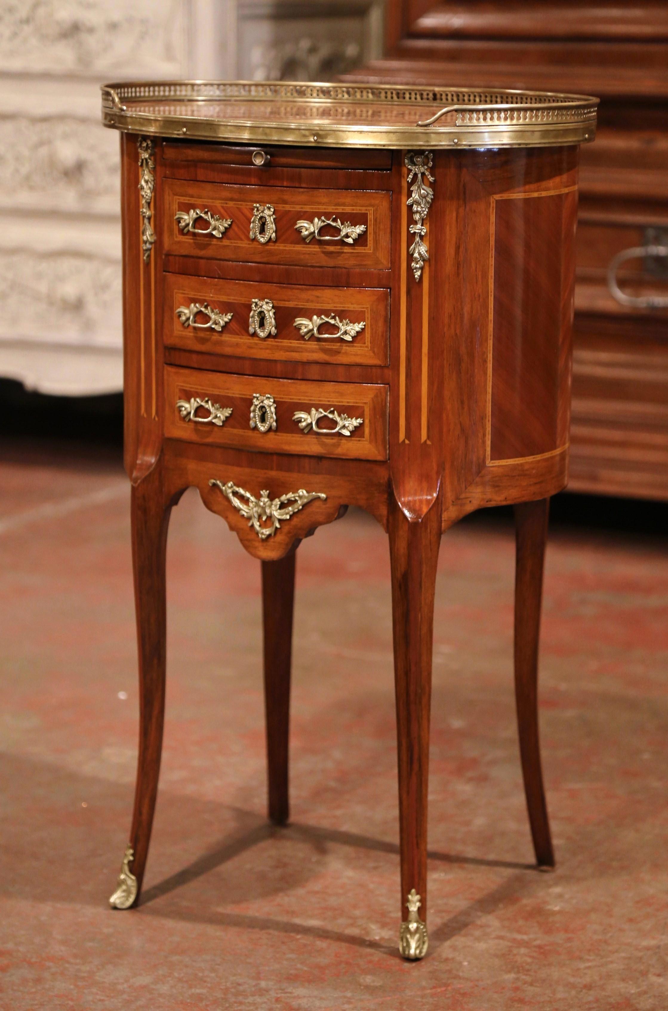 Louis XV 19th Century French Walnut Parquetry and Inlay Chest of Drawers with Marble Top