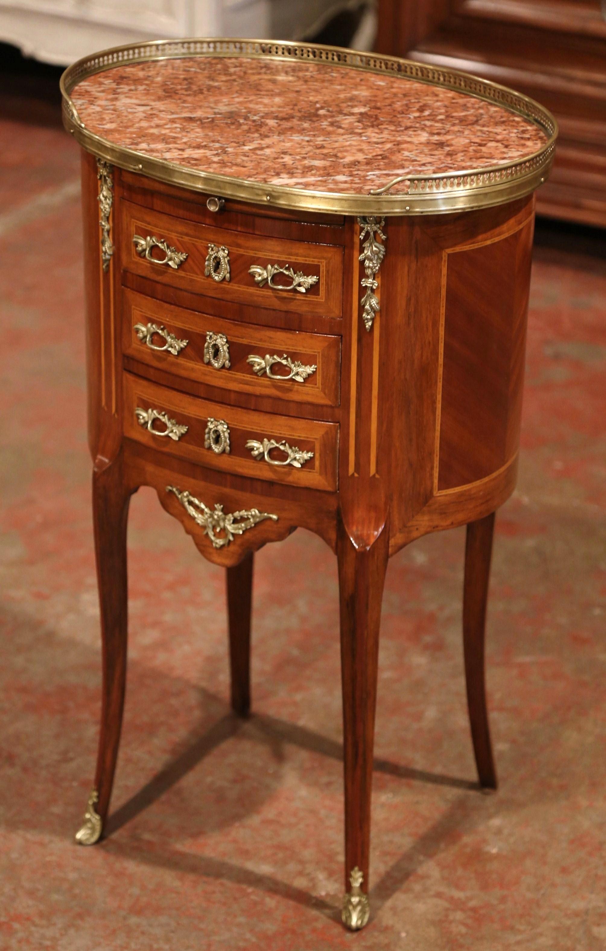 Hand-Carved 19th Century French Walnut Parquetry and Inlay Chest of Drawers with Marble Top