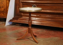 19th Century French Walnut Pedestal Side Table with Brass Gallery & Marble Top